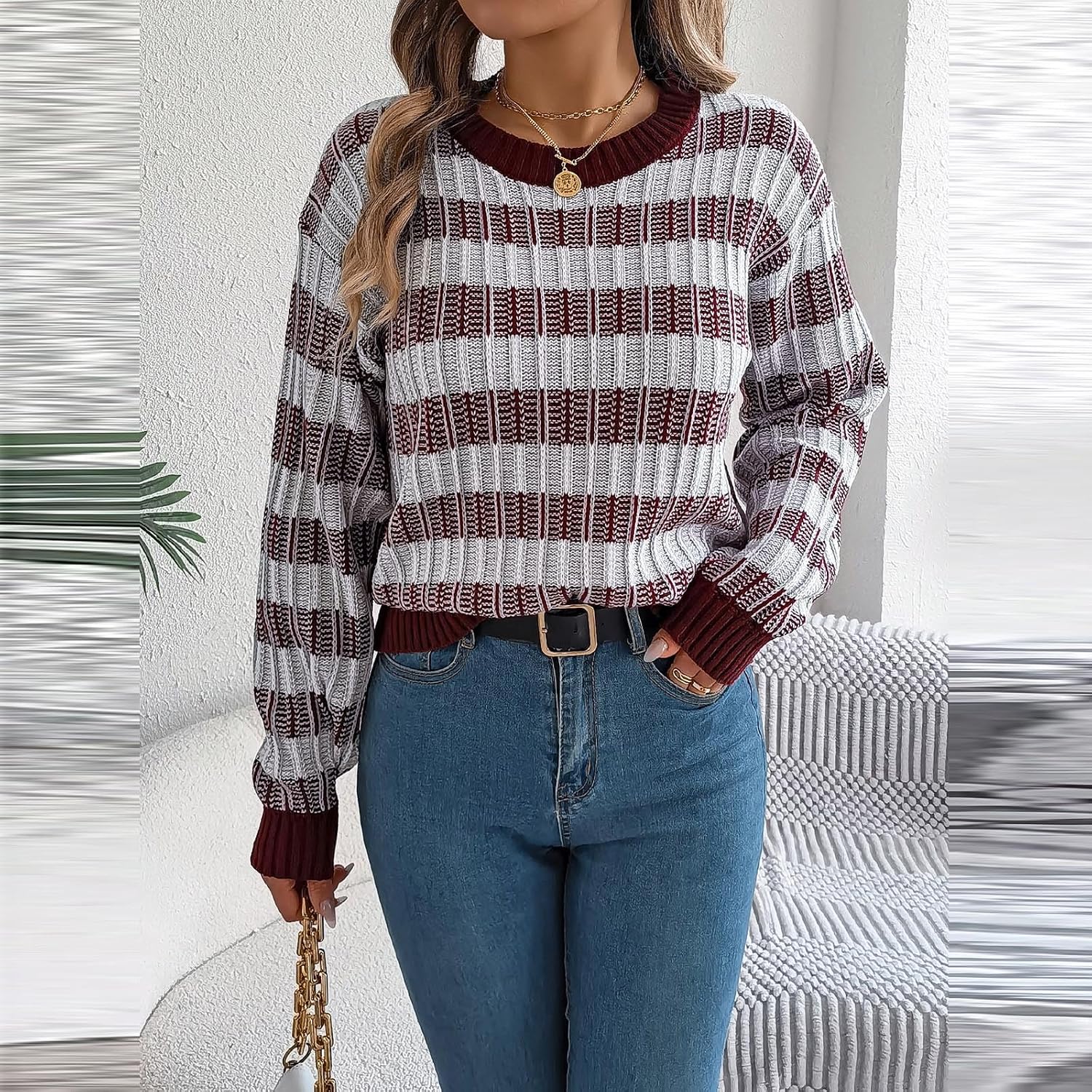 Sweaters for Women Long Sleeve Lightweight Color Block Crewneck Soft Knit Sweater Fall Loose Fit Pullover Tops