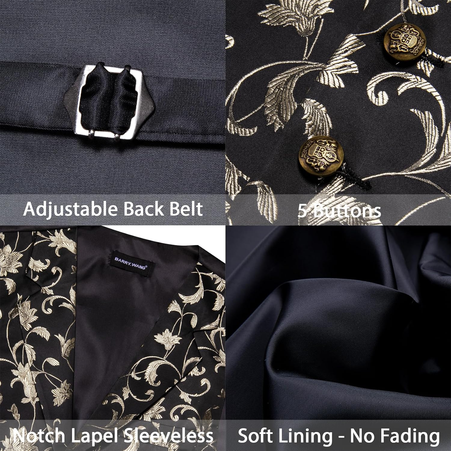 Barry.Wang Mens Silk Vest Bowtie Sleeve Holder Set Lapel Collar Formal Bow Tie Vests Handkerchief Wedding Party Waistcoat