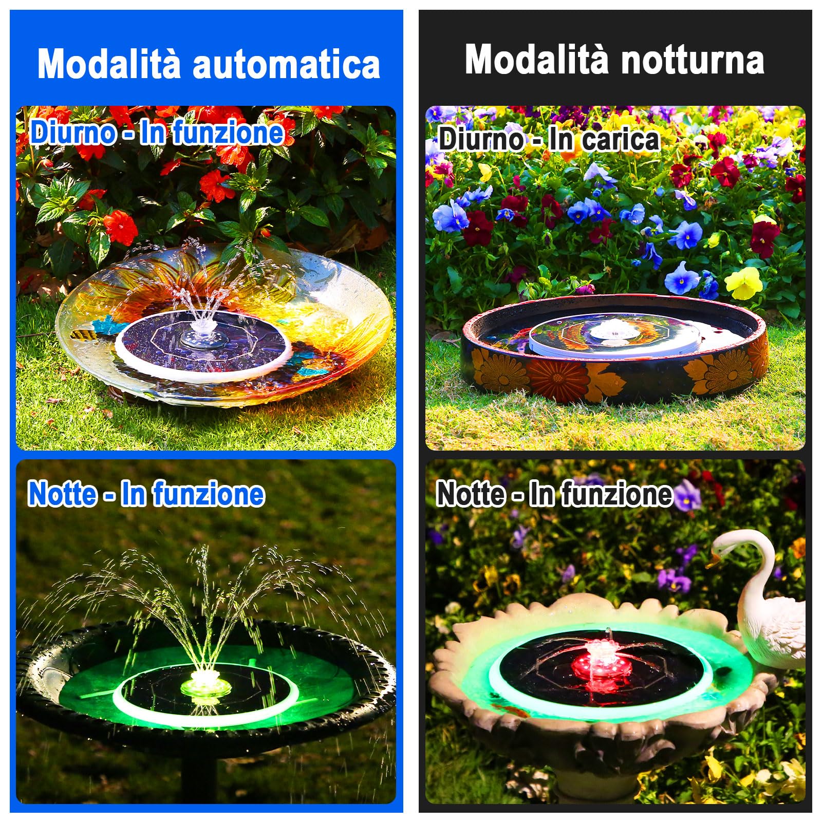 AISITIN 6,5 ​​W LED Fontana Solare per Esterni Migliorata con Batteria da 3300 mAh, Pompa per Fontana con Vari Effetti di Spruzzo, con Barra Luminosa, Fontana Solare per Esterni per Giardino, Laghetto