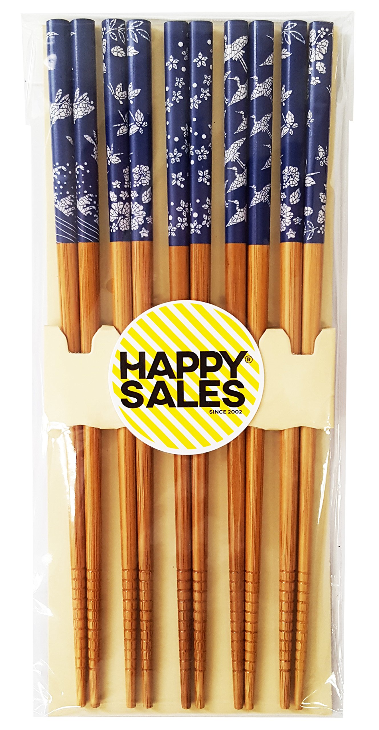 Happy Sales HSCH86/S, 5 Pairs of Origami Design Blue and White Wooden Chopsticks