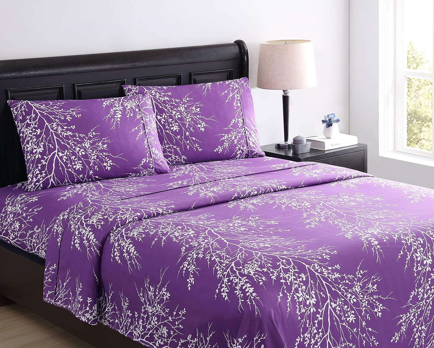 SL Spirit Linen Home EST. 1988 Bed Sheets Set - Beautiful Foliage Design Bedding, Soft Microfiber Sheet with Fitted Sheet and Pillowcases (Queen, Purple/White) : Home & Kitchen