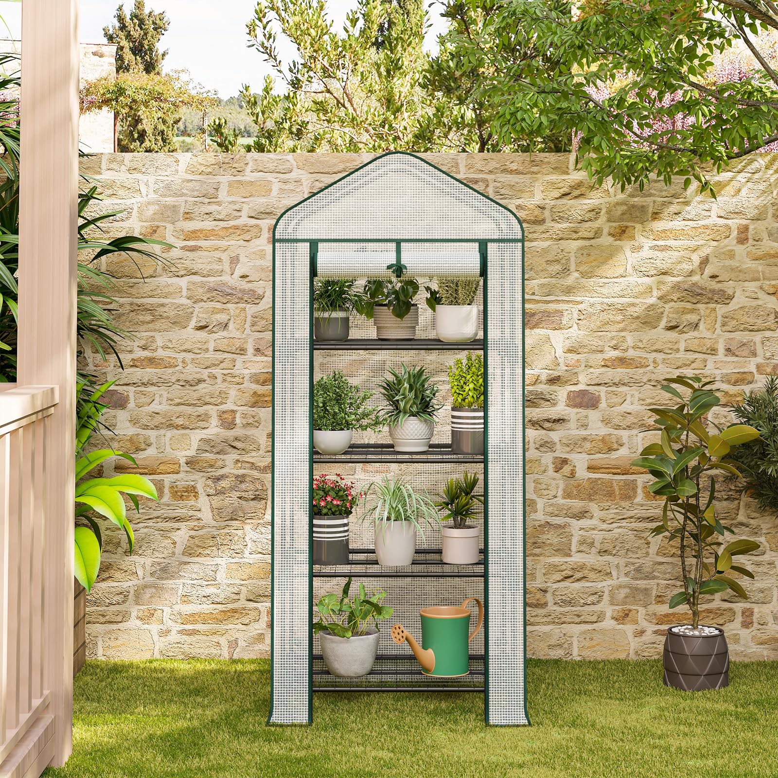 WOLTU Invernadero para Plantas, Invernadero Movil con Ruedas, Cubierta de PE 130g/m², con 4 Estantes, Puerta Enrollable con Cremallera, Blanco, 70x50x162 cm | Invernadero semitransparente para tomates con puerta enrollable, protección de invierno para pla