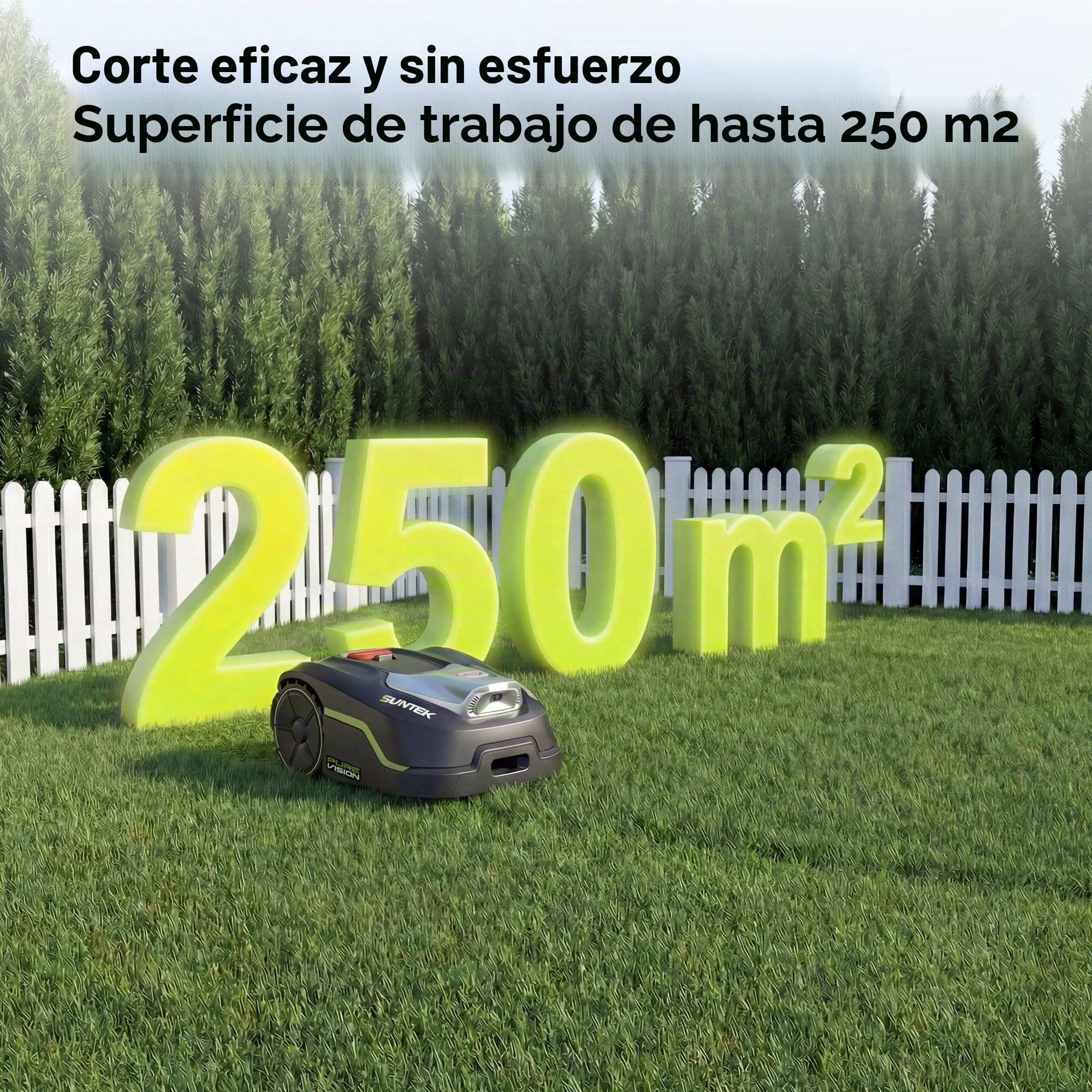 SUNTEK Robot cortacésped inalámbrico periférico – Robot recortadora IA + visión para 250 m², tecnología IA cámara, pendiente hasta 35°, estanqueidad IPX5, cartografía automática, multizonas, control