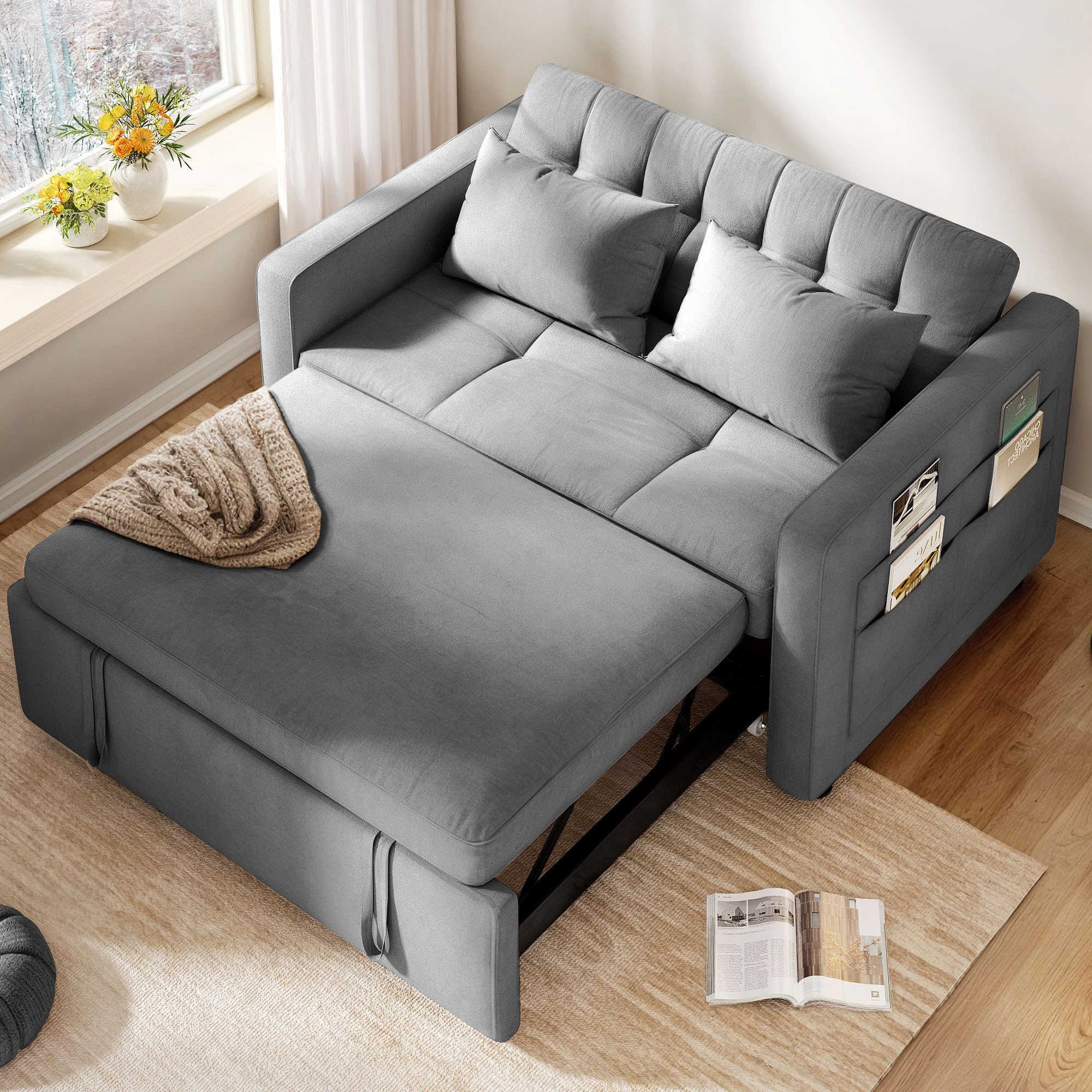 ( similar ) YITAHOME 55" Convertible Sofa Bed, Velvet Sleeper Sofa with Pull-Out Bed, 3-in-1 Futon Couch with Reclining Backrest and Side Pocket, Modern Loveseat for Living Room, Grey, Full Size