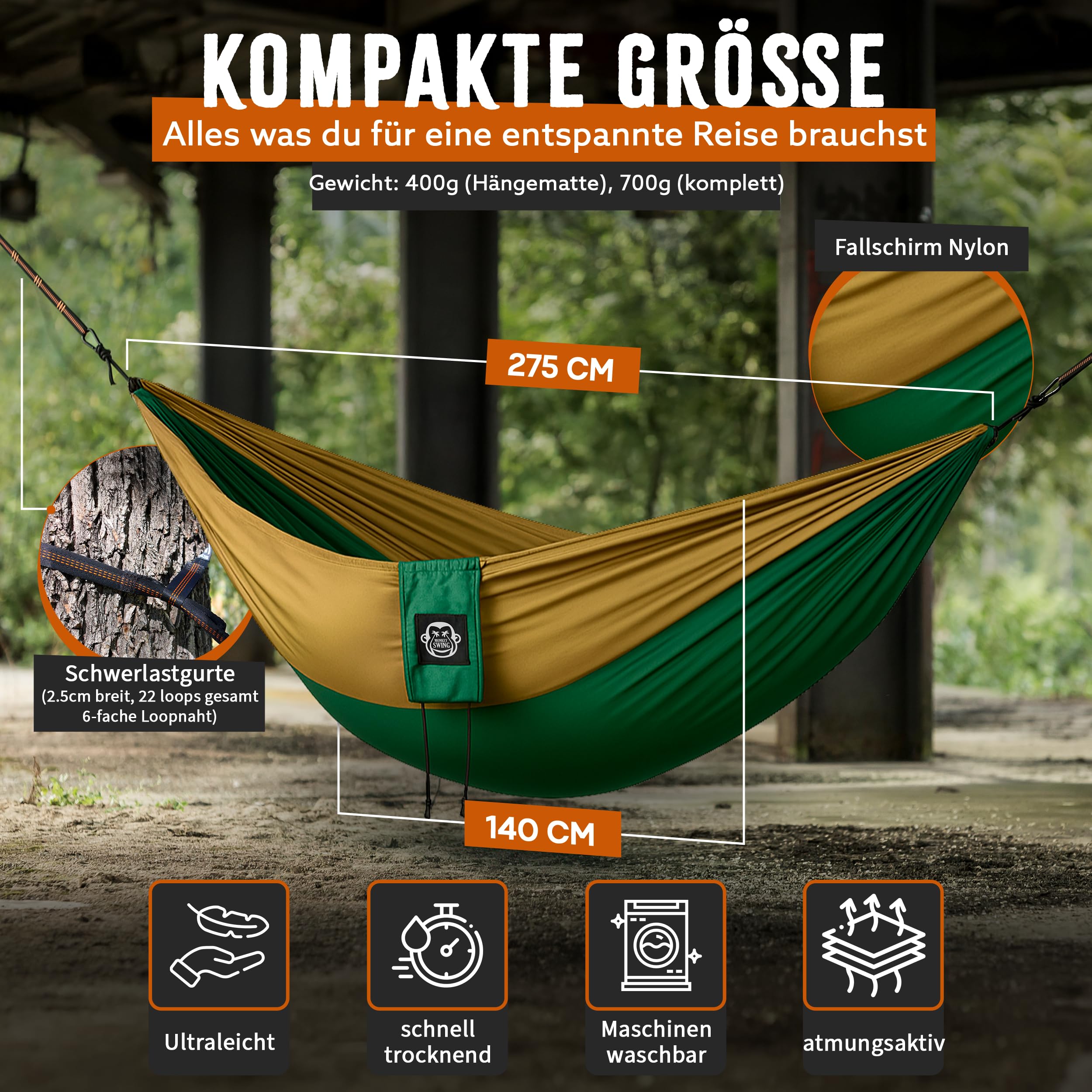 Hängematte Ultraleicht inkl. Karabiner & Schwerlastgurten (bis 300  kg belastbar, 275 x 140 cm) – ideal für Camping, Outdoor, Trekking & als Reisehängematte (Grün/Khaki)