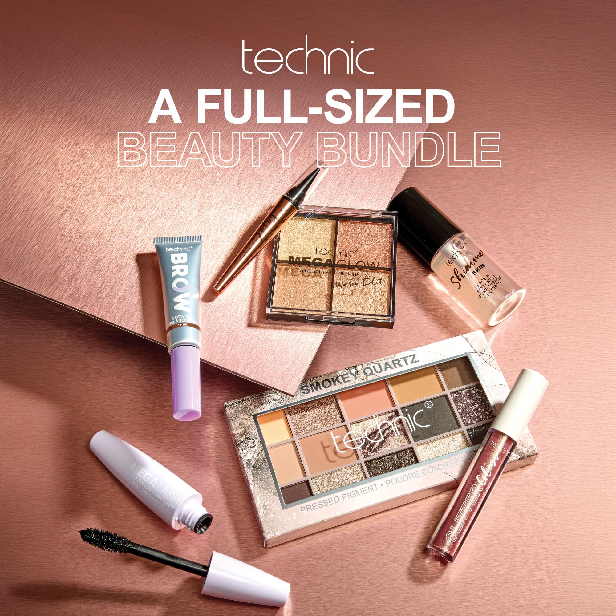 Technic Smokey Quartz 7-Piece Full-Size Makeup Gift Set - Eyes, Brows, Glow & Gloss in One Glam Kit, smoky - Image 2