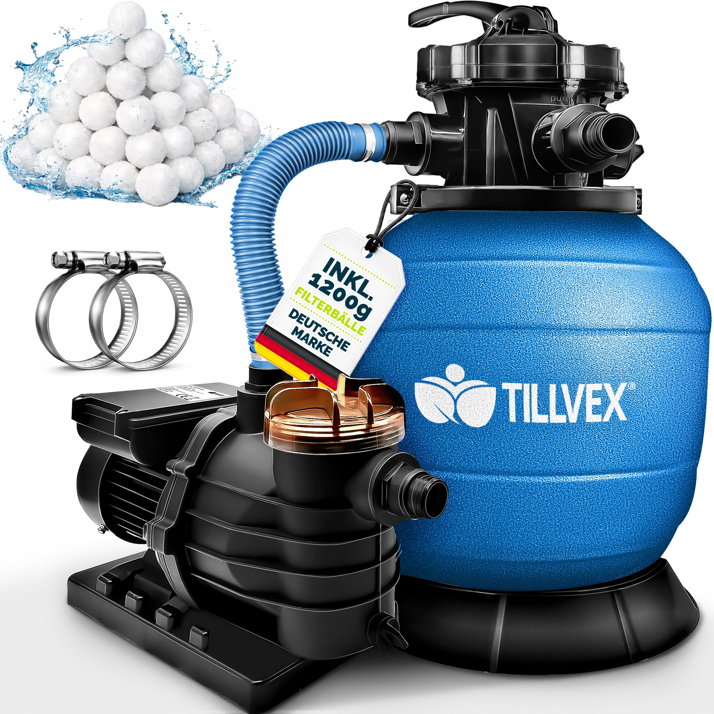 tillvex® Sandfilteranlage Pool 13.200L/h bis 40.000L + 1200g Filterbälle | Filteranlage 7-Wege Ventil & 2in1 Adapter Ø32-38mm | Poolfilter Selbstansaugend | Sandfilter Schwimmbecken (Blau)