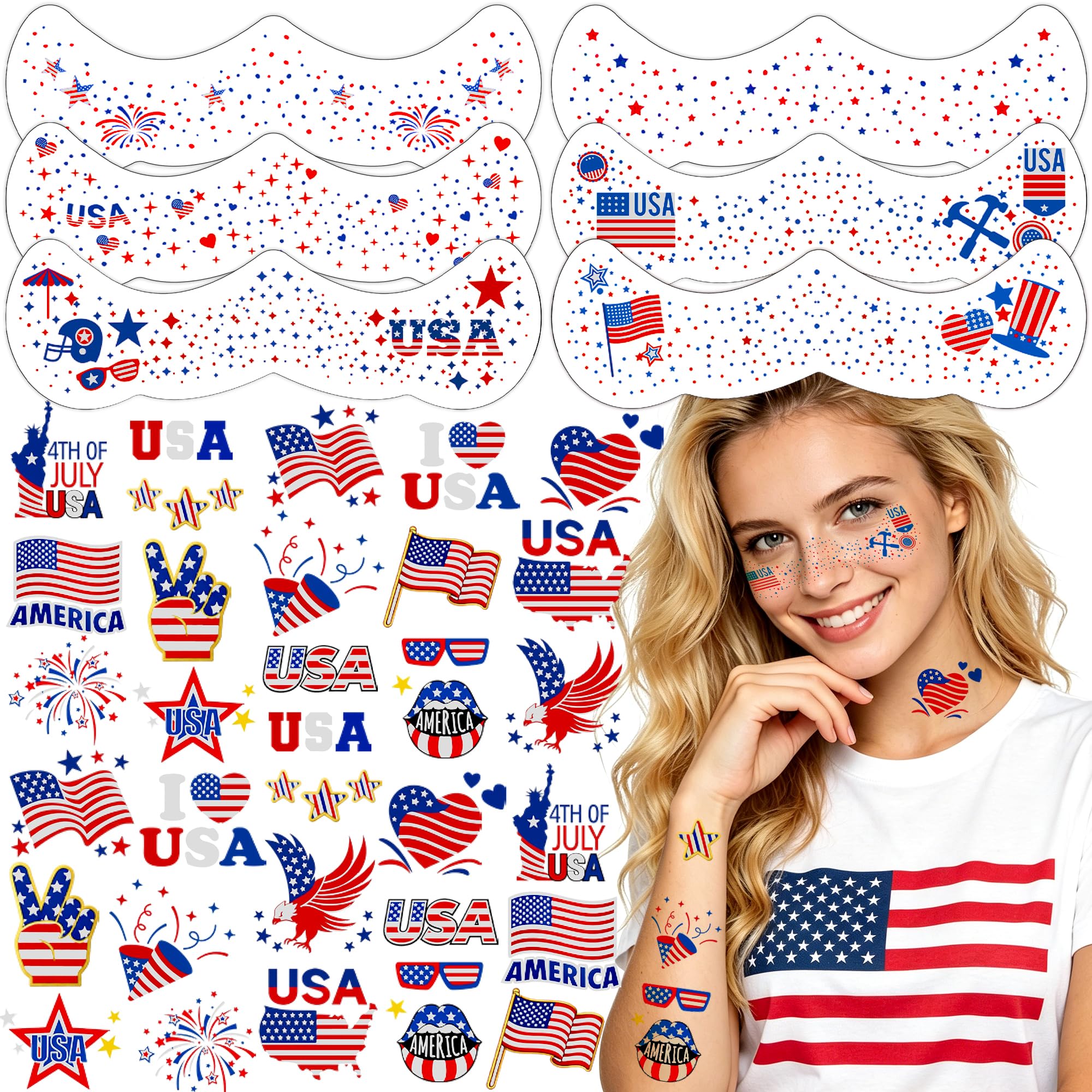 Itscolofy 4th of July Glitter Freckle Tattoos, Patriotic Temporary Tattoos Stickers, 4th of July Accessories for Women, Red White and Blue USA Flag Star Freckles for Independence Day 250th Party 36PCS
