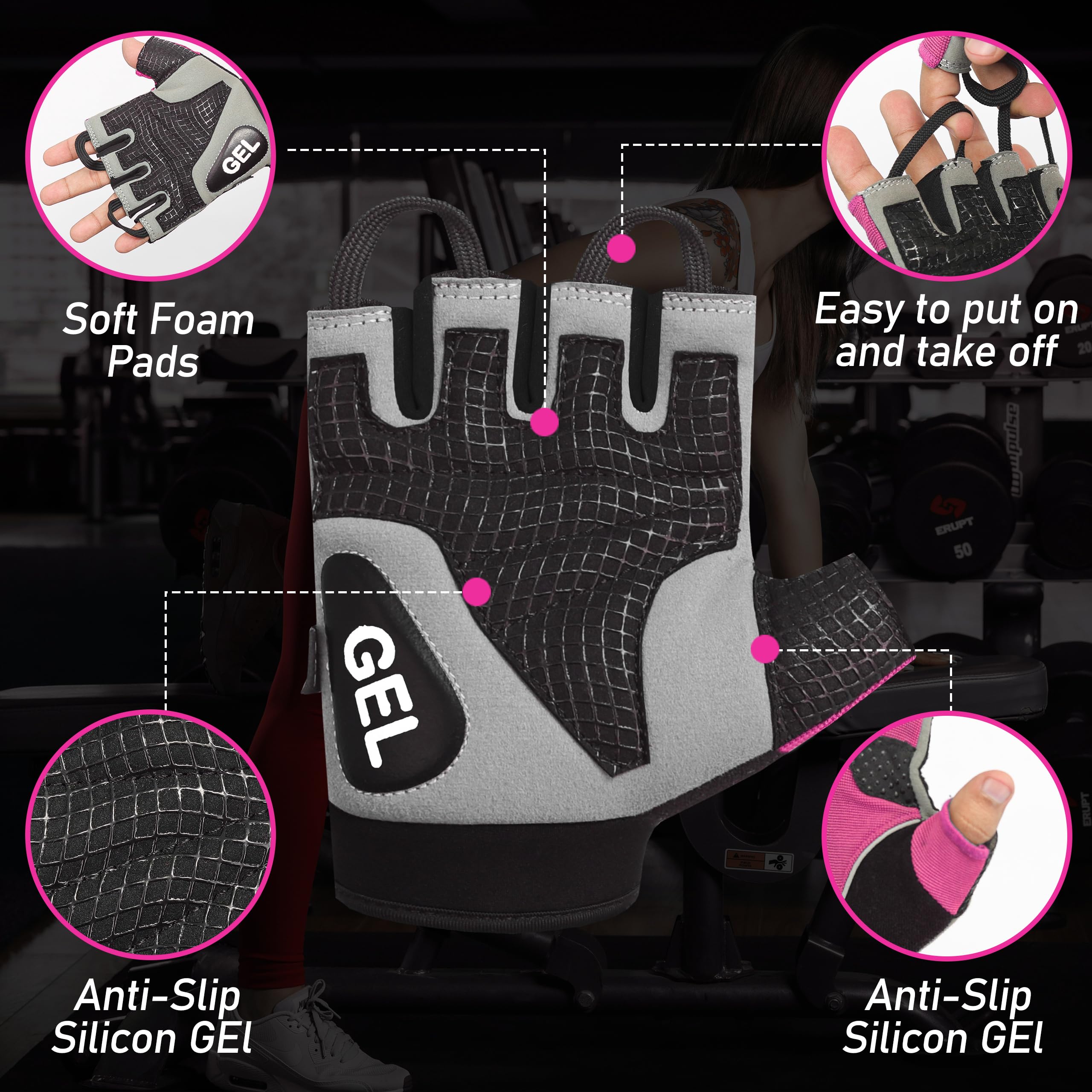 SKSZ LEATHER Gym Gloves, Grey,Pink - Image 3