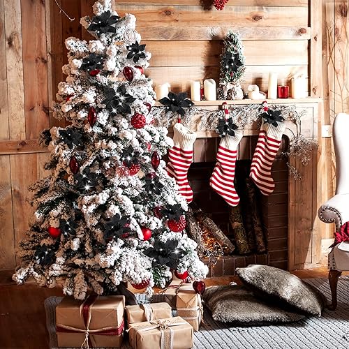 Miniatura 31 de 36 piezas de 3 tamaños de flores artificiales de Navidad con purpurina de Navidad para decoración de árbol de Navidad, Año Nuevo, decoración