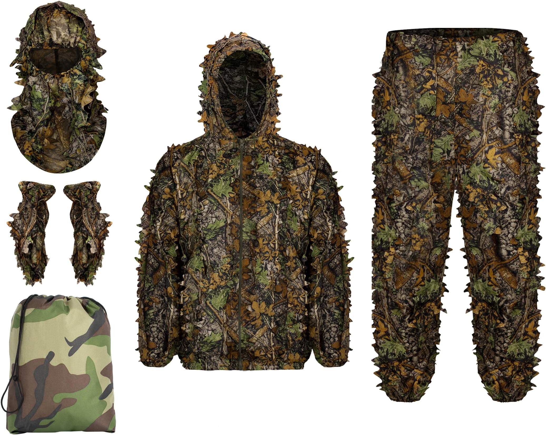 Ginsco Ghillie Suit Full Face Mask Gloves Set, 3D Leafy Camo Suit for Men, Outdoor Hunting Photography