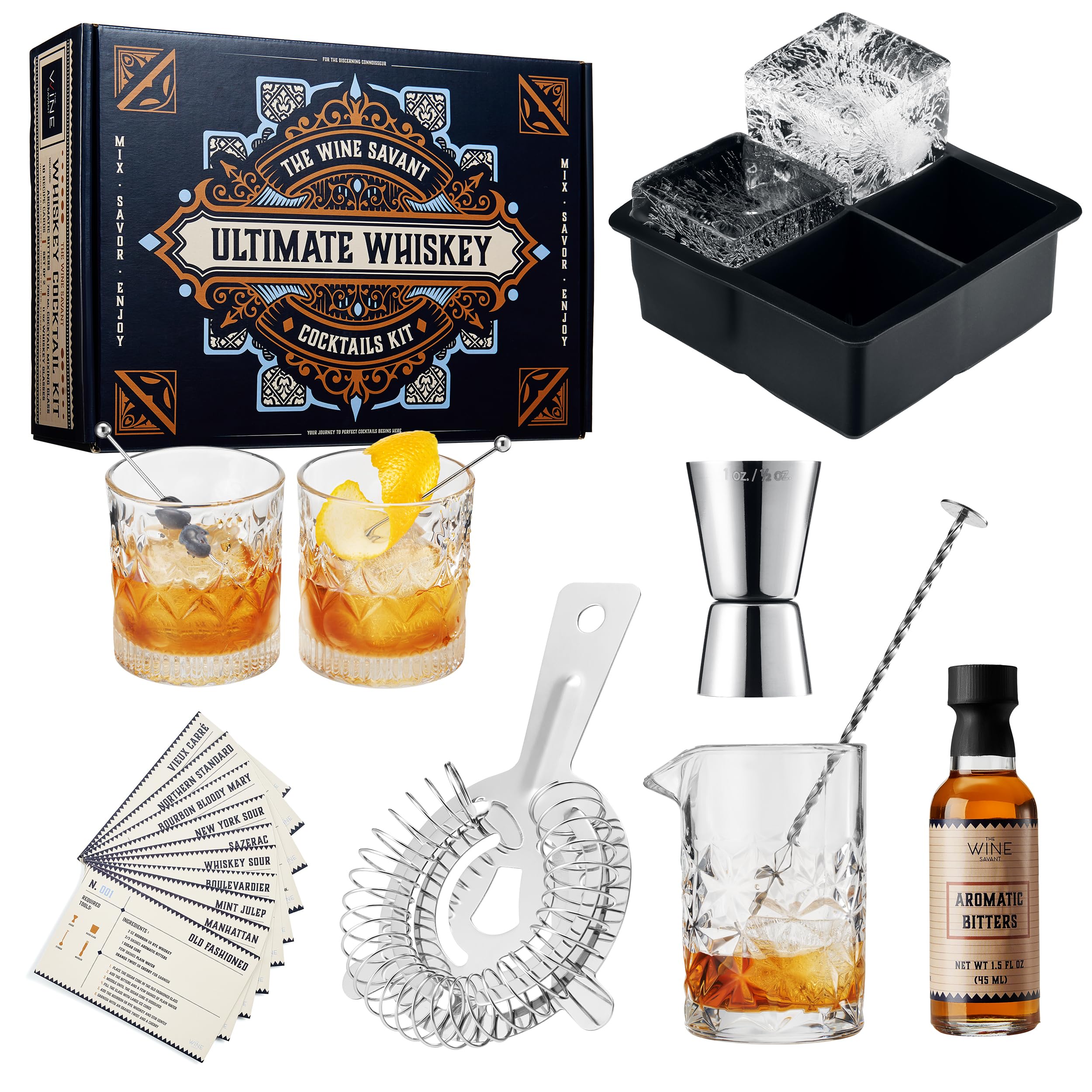 13-Piece Cocktail Shaker Set Bartender Kit+Bitters - Bar Mixing Stir Set with Whiskey Glass, Strainer, Jigger, Father’s Day Gift, Garnish Picks, Recipe Cards - Cocktails, Martinis, Manhattans & More