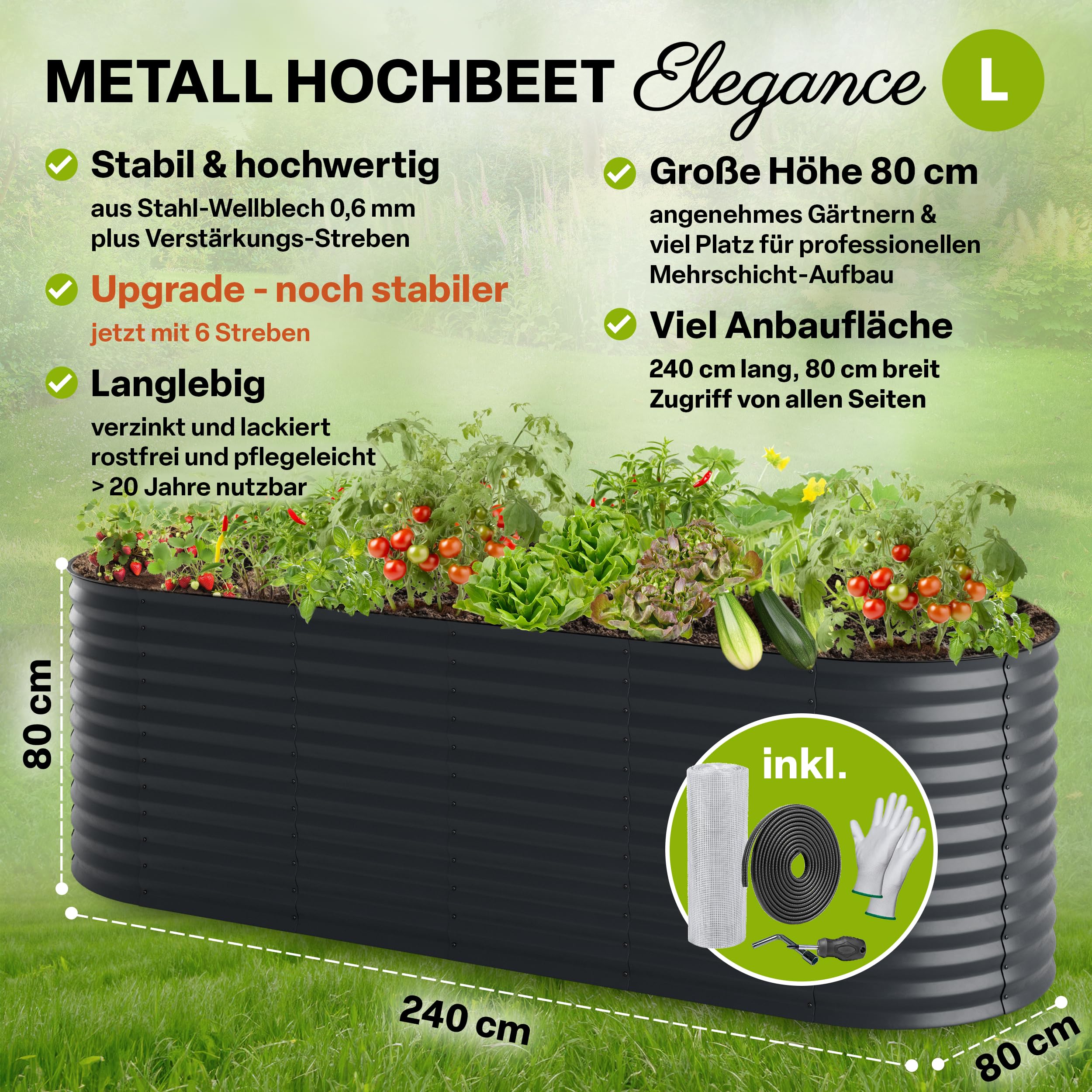 TTL GARDEN 240x80x80cm Elegance L Metall Hochbeet Anthrazit - Stahl rostfrei verzinkt & grau lackiert Wellblech ovale Form sehr stabil Garten Beet für Gemüse Kräuter Blumen Gartenbeet Gemüsebeet