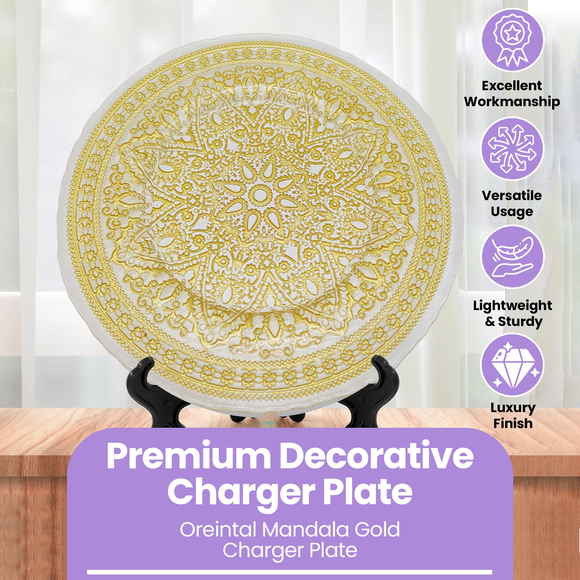 Elegantes platos de carga con diseño de flor de mandala dorada, 33 cm, elegantes platos inferiores para bodas, fiestas, aniversarios, cumpleaños, vajilla, eventos de catering y eventos especiales, 6