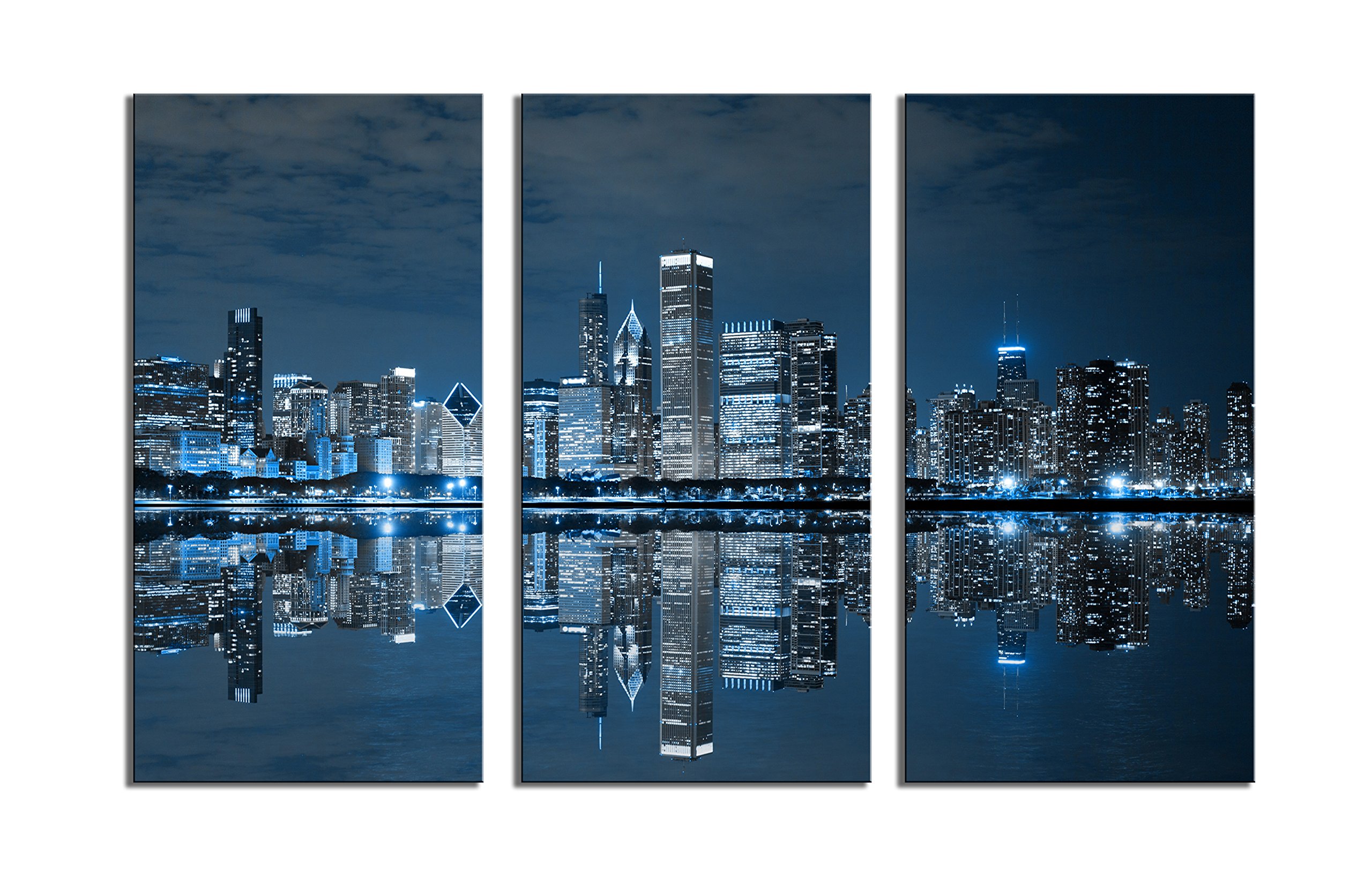 Blue Cool Building In Dark Color In Chicago Wall Art Photograph Printed on Canvas for Home Wall Decoration City Pictures For Home Deco (Blue, 16x32inchx3panel)