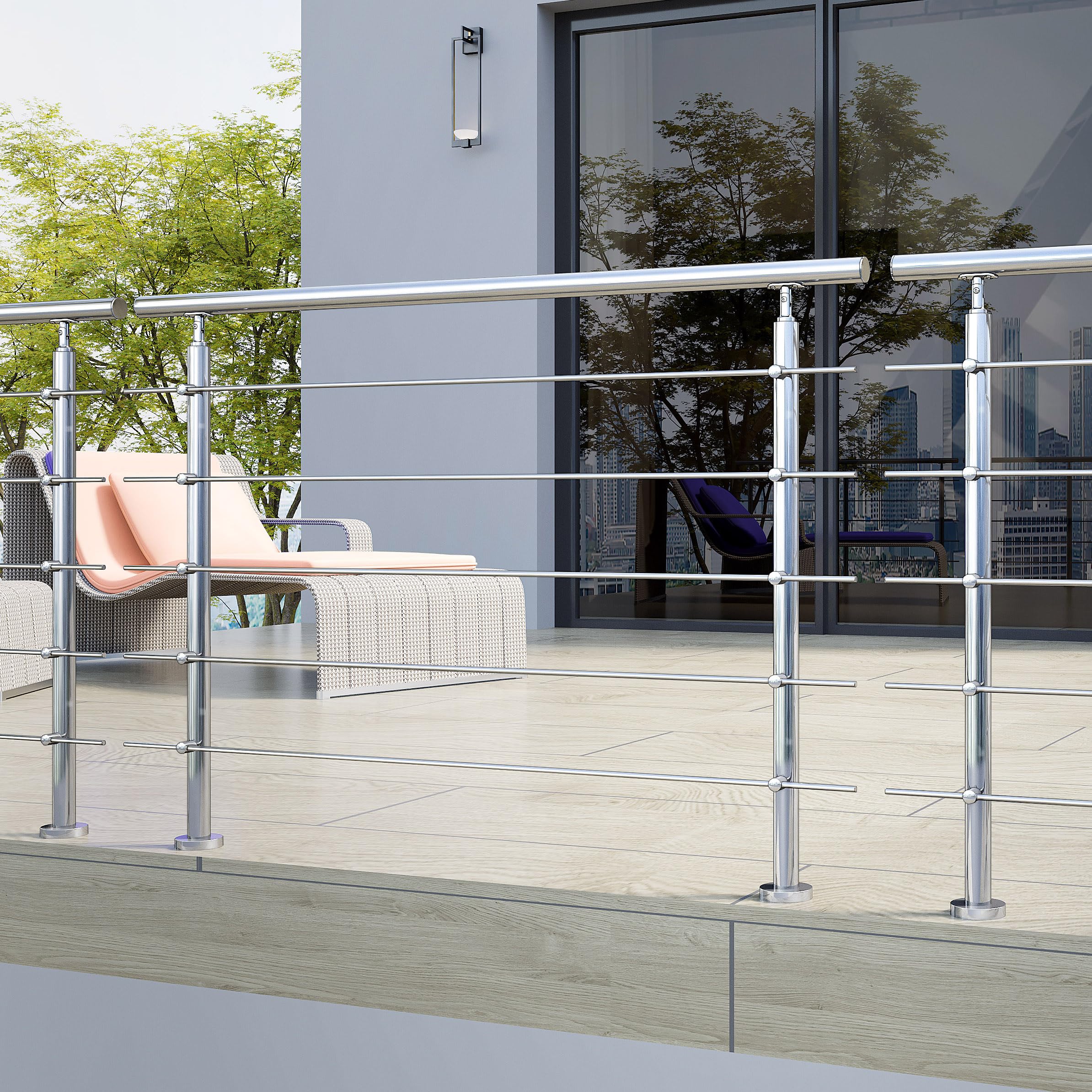 Biubiubath 150Cm 304 Stainless Steel Handrail With 5 Crossbars Balustrade Stair/Step For Outdoor And Indoor