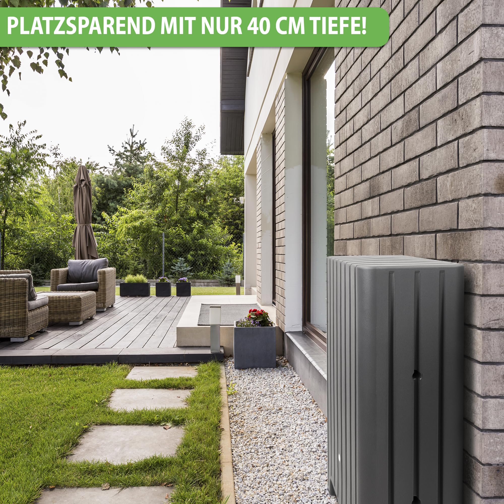 YourCasa Regentonne 280 Liter [UrbanElegance] Eckig und Schmal mit Metallgewinde - Regenfass Frostsicher aus Kunststoff - Regenwassertonne - Regenwassertank Garten Wassertank Regensammler (Anthrazit)