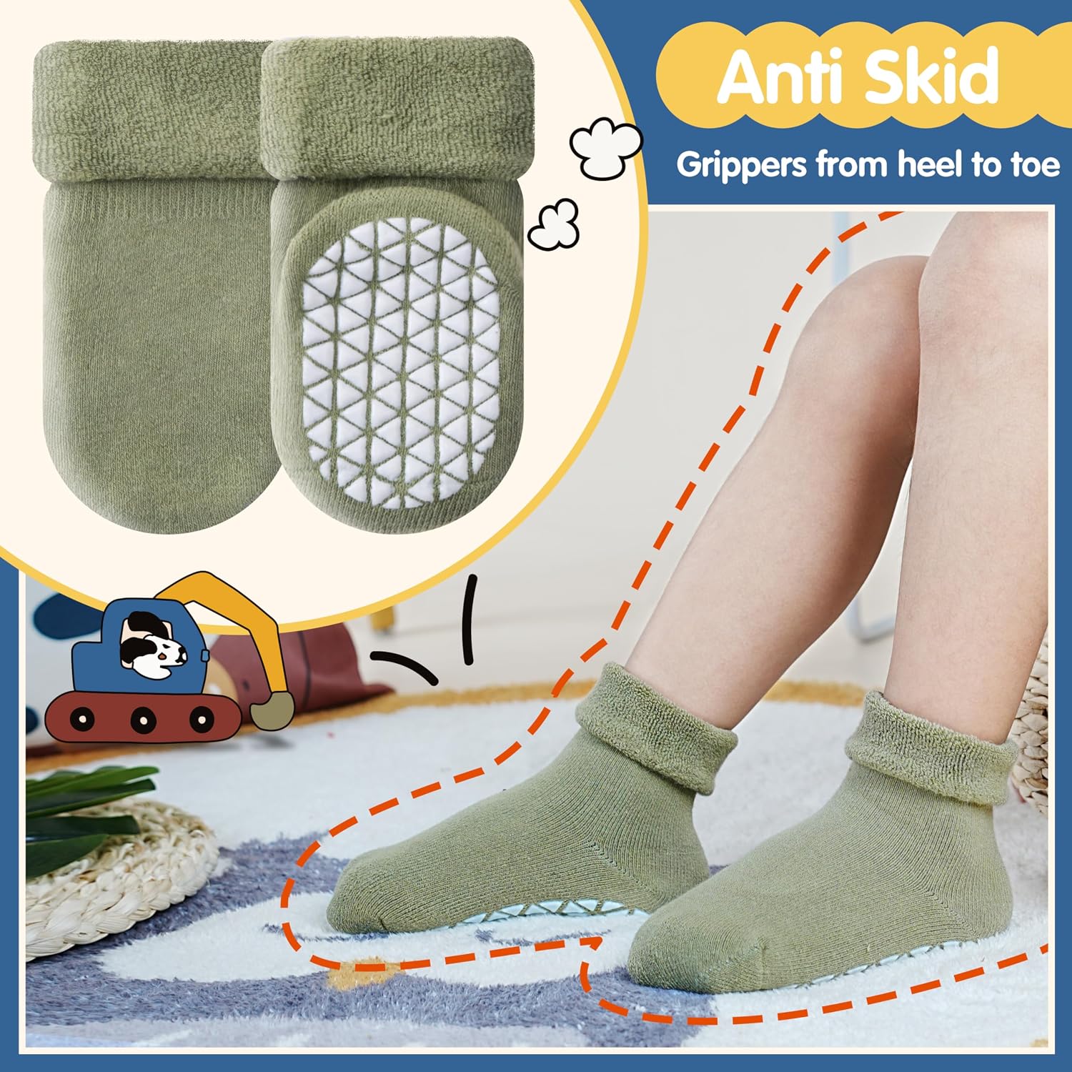 Toddlers Kids Grips Socks Warm Thermal Winter Thick Anti Slip Non Skid Ankle Crew Socks 9 Pairs for Baby Boys Girls Infants