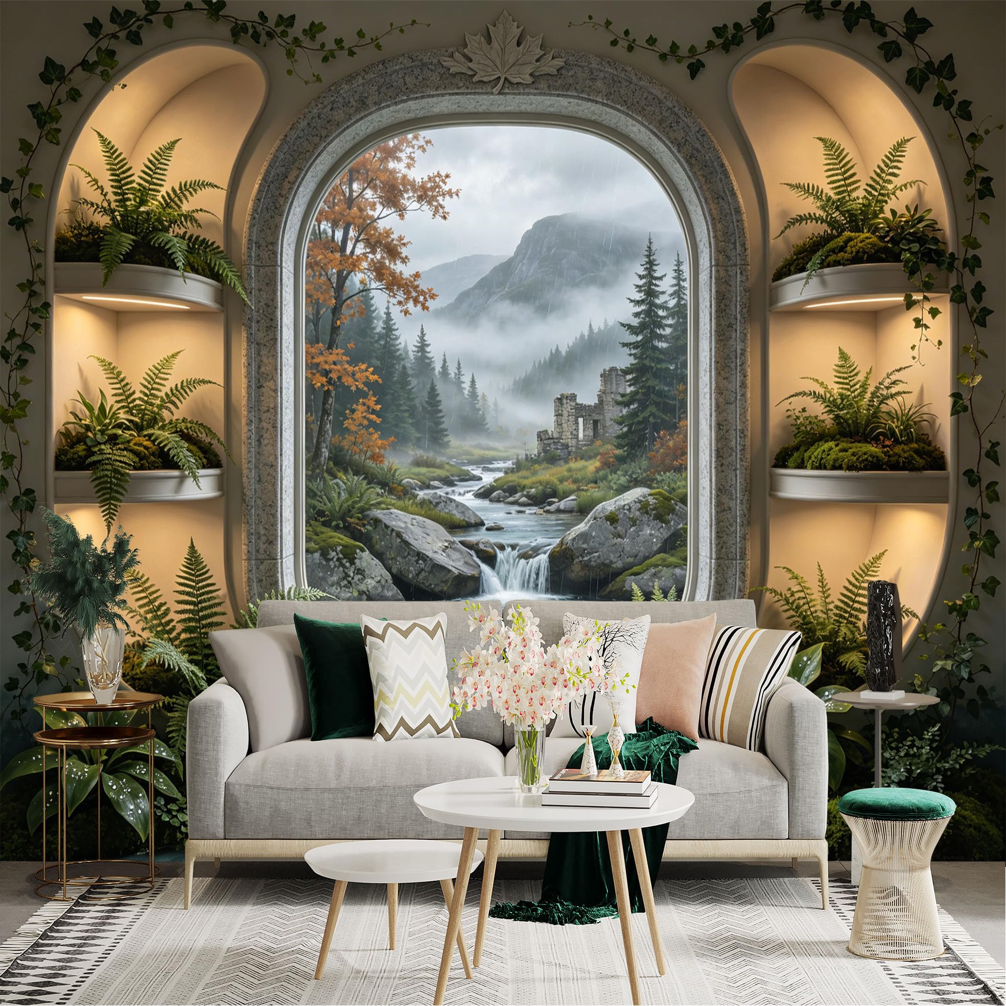Lnzczhyre Dbh260521257 Custom Size Wall Sticker Mural， Scenic Window View With Ancient Ruins， Misty River And Forest Landscape， For Wall Decoration， Peelandstick Wall Decals.