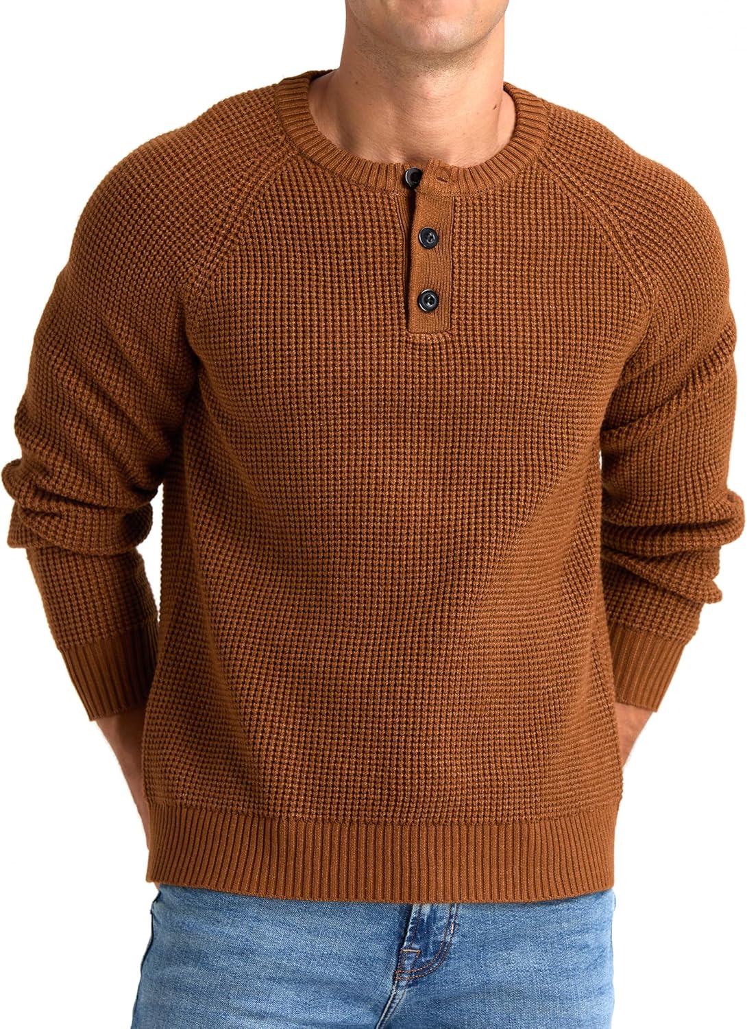 RQP Men's Henley Sweater Long Sleeve Button Crewneck Sweater Knit Sweater Casual Waffle Texture Pullover Sweater