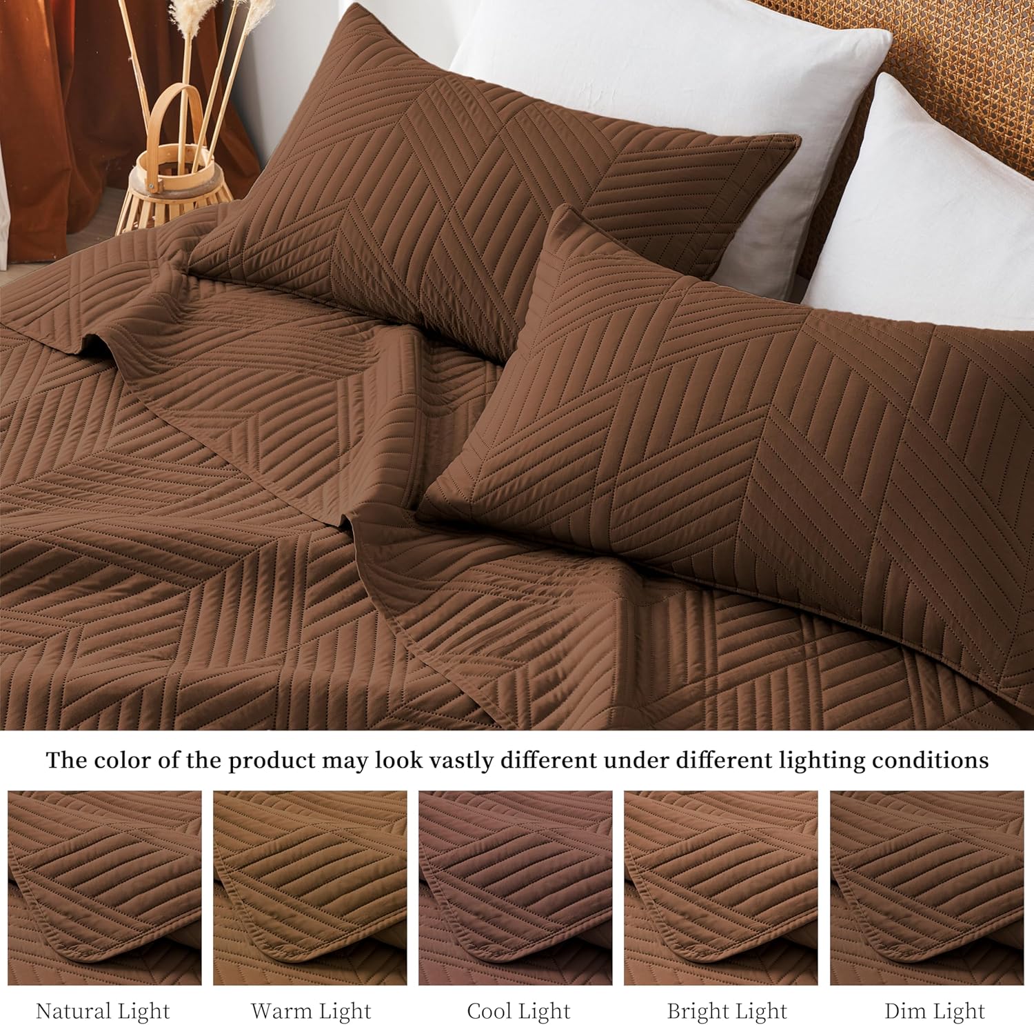 King/Cal King Quilt Set in Brown, Soft Reversible Microfiber Bedspread for All-Season Use in Bedroom or Dorm, Lightweight Modern Geometric Coverlet (1 Quilt, 2 Pillow Shams) - Image 5