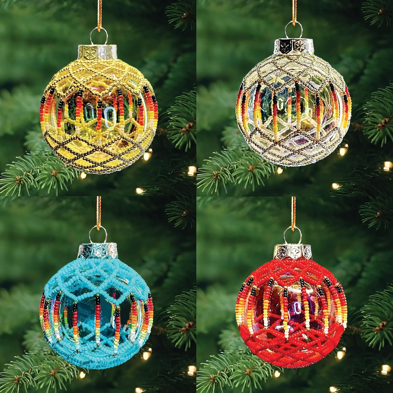 (Mixed 4 Color) 4 Pcs Handmade Native American Christmas Ornaments – 3" Beaded Christmas Balls and Shatterproof Hanging Baubles for Xmas Tree Decorations, Car Hanging, Holiday Party, Home Decor Gifts