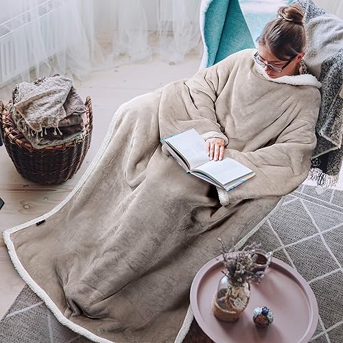 Miniatura 11 de Tirrinia Manta de sherpa afelpada con mangas, manta completa para todo el cuerpo, para leer, ver la televisión, manta para envolver