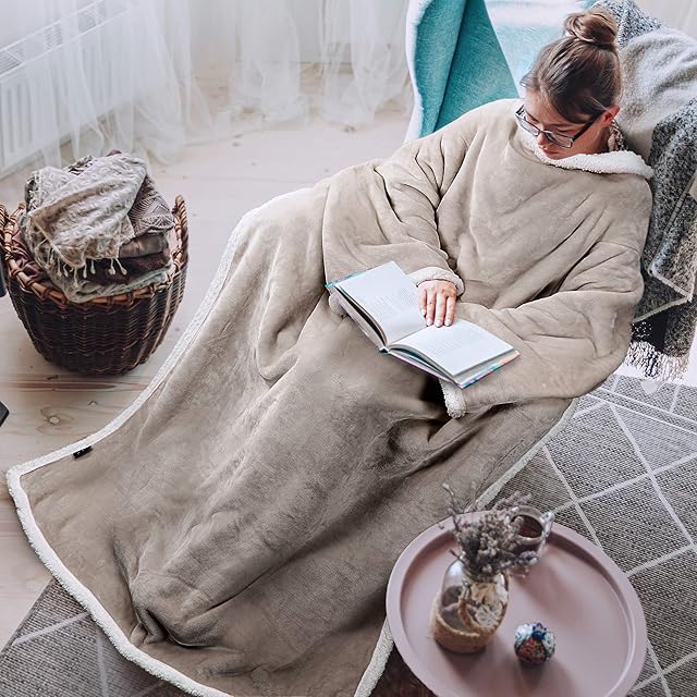 Catalonia TV Blanket with Sleeves and Pockets Double-Sided Blanket Microplush Fleece Sherpa Warm Blankets for Adults Women Men, 183 cm x 140 cm