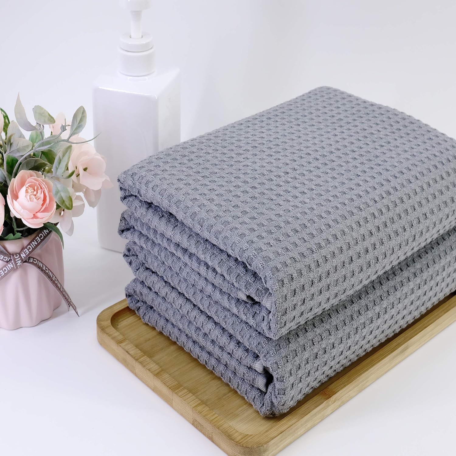 POLYTE Microfiber Oversize Quick Dry Lint Free Bath Towel, 60 x 30 in, Set of 2 (Gray, Waffle Weave)