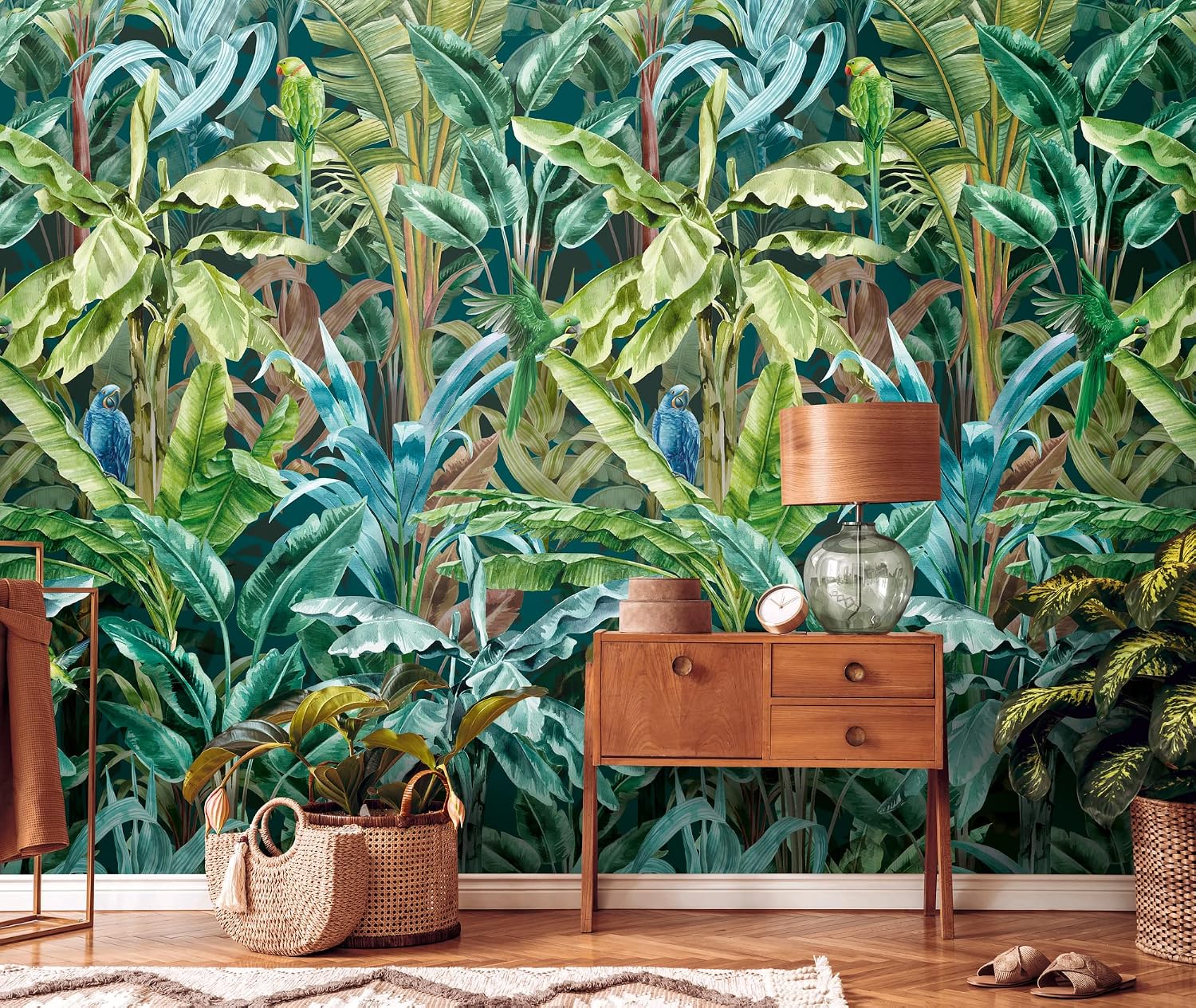 Livingwalls Wallpaper Tropical Design - Blue, Green - Jungle Wallpaper 395.99in x 27.56in Made in Germany - 391861
