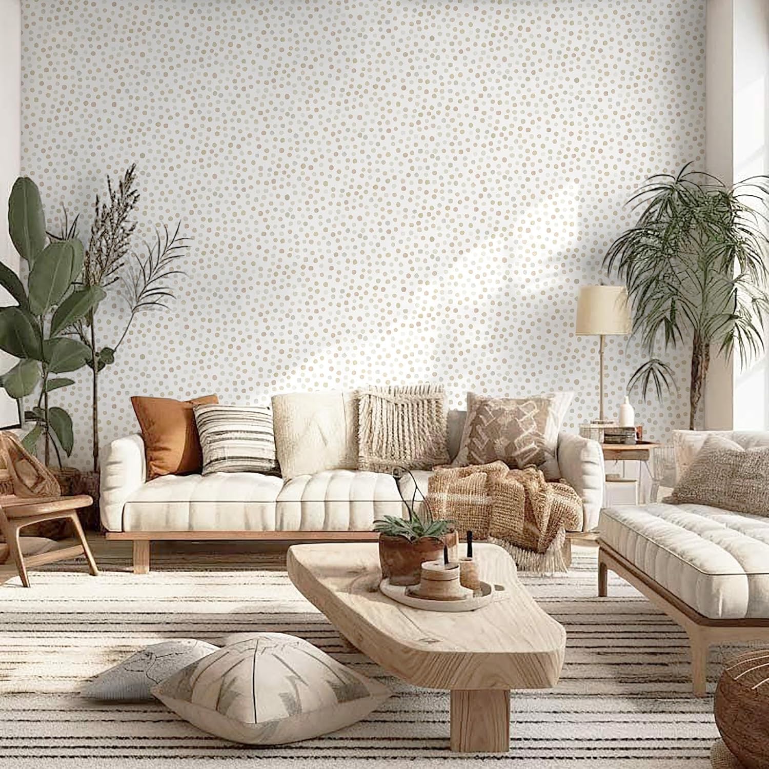 Dimoon 17.3''x177.2'' Peel and Stick Wallpaper Boho Beige Contact Paper Natural Modern Polka Dot White Wallpaper Removable Bathroom Kitchen Self Adhesive Wall Paper Renter Friendly Vinyl Roll