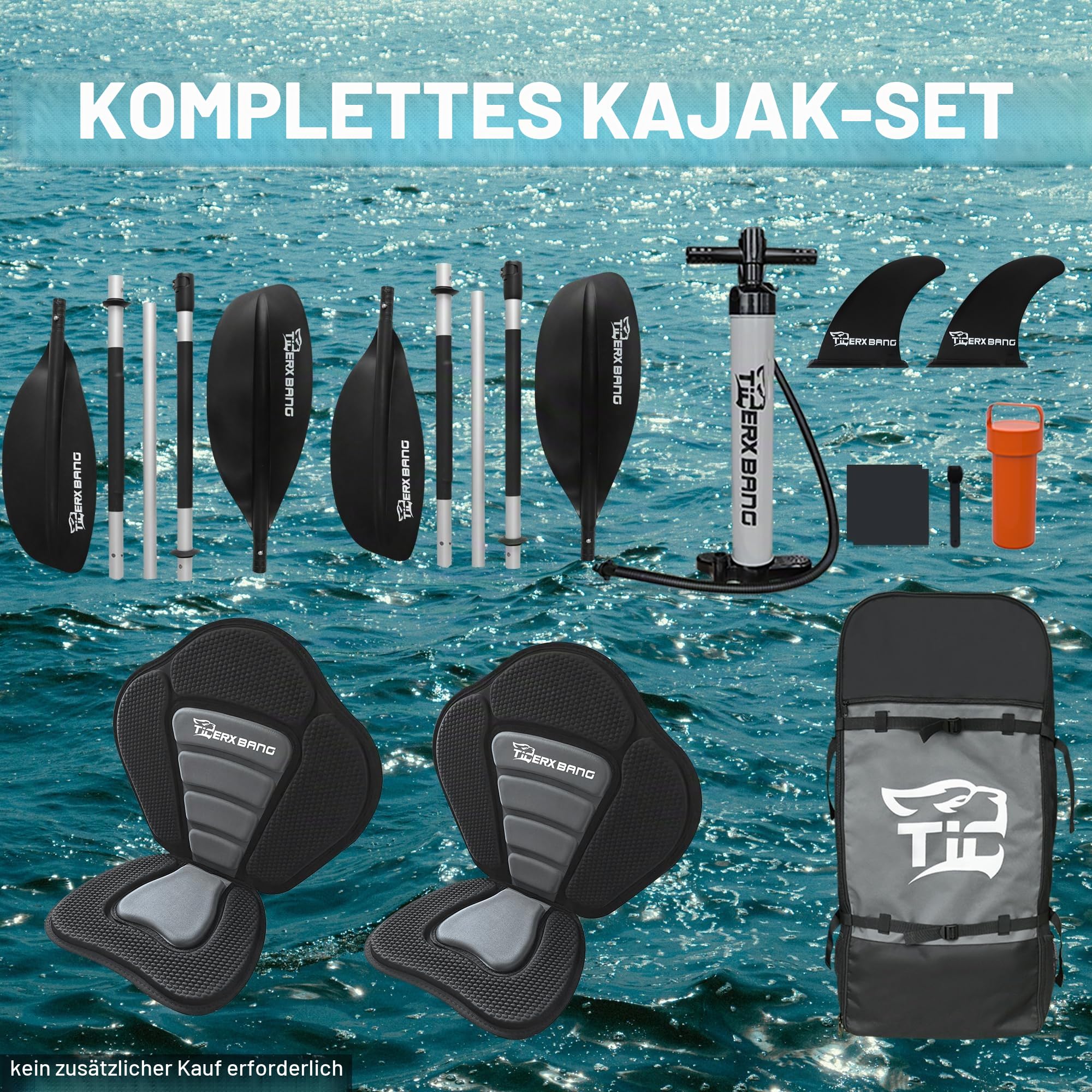 TIGERXBANG aufblasbares Kajak von 390x95x20cm mit herausnehmbarem Sitz, SUP-Kajak-Set inklusive Handpumpe/Aluminium-Paddel/Rucksack, aufblasbares Boot für Erwachsene/Kinder | zum Angeln, Touren
