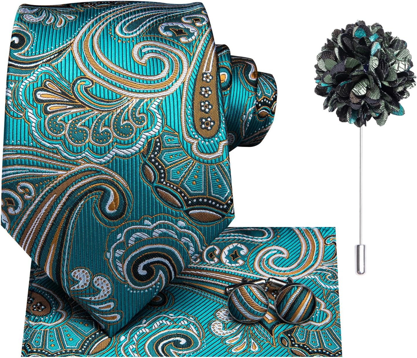 Hi-Tie Men's Tie Lapel Pin Set Pocket Square Cufflinks Formal Woven Silk Tie Sets Wedding Party - Image 2