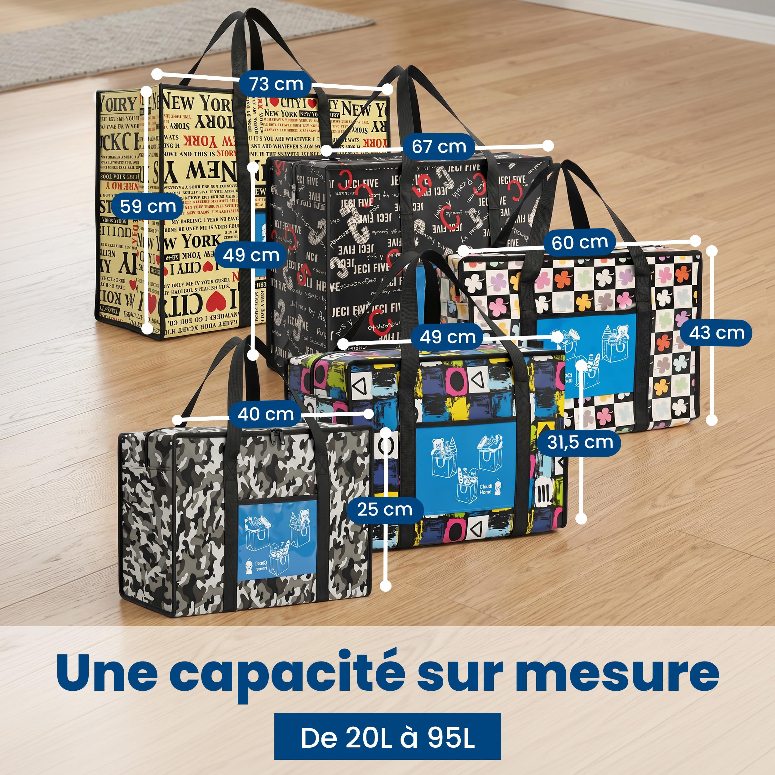 Lot de 5 Sacs Ultra résistants Démenagement 100l. Fermeture Éclair. Sangles Solides Doubles & Poche Frontale. Sport, vacances, voyages, stockage, camping, linge Sacs conçus pour durer