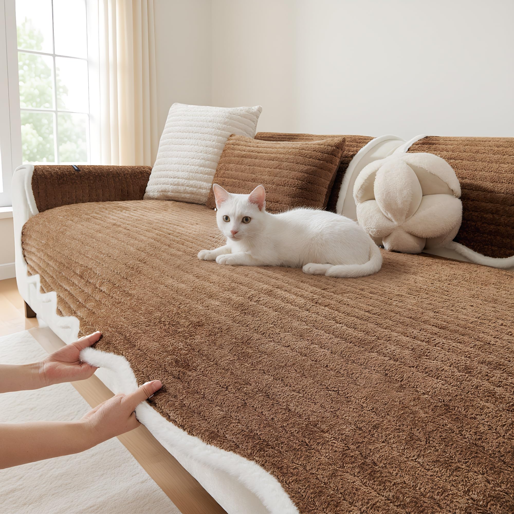 LiveGo Milk Velvet Sofa Cover - Washable Pet-Friendly Couch Cover, Non-Slip Fuzzy Sofa Protector for 2/3/4 Seater, Soft Dog-Resistant Furniture Cover for Living Room (Coffee A, 90 * 180cm)