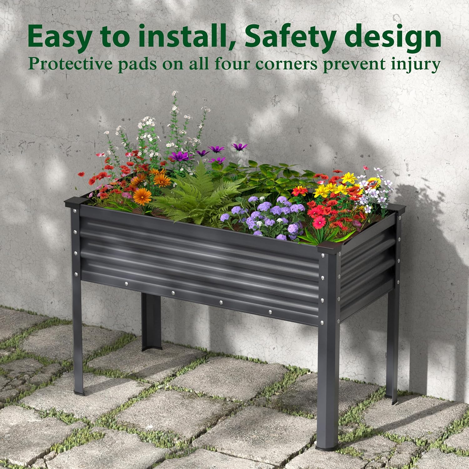MUPATER Galvanized Steel Raised Garden Bed with Legs, 48" L x 24" W x 32" H Large Metal Elevated Raised Planter Box with Detachable Black Liner for Backyard, Garden, Balcony, Gray