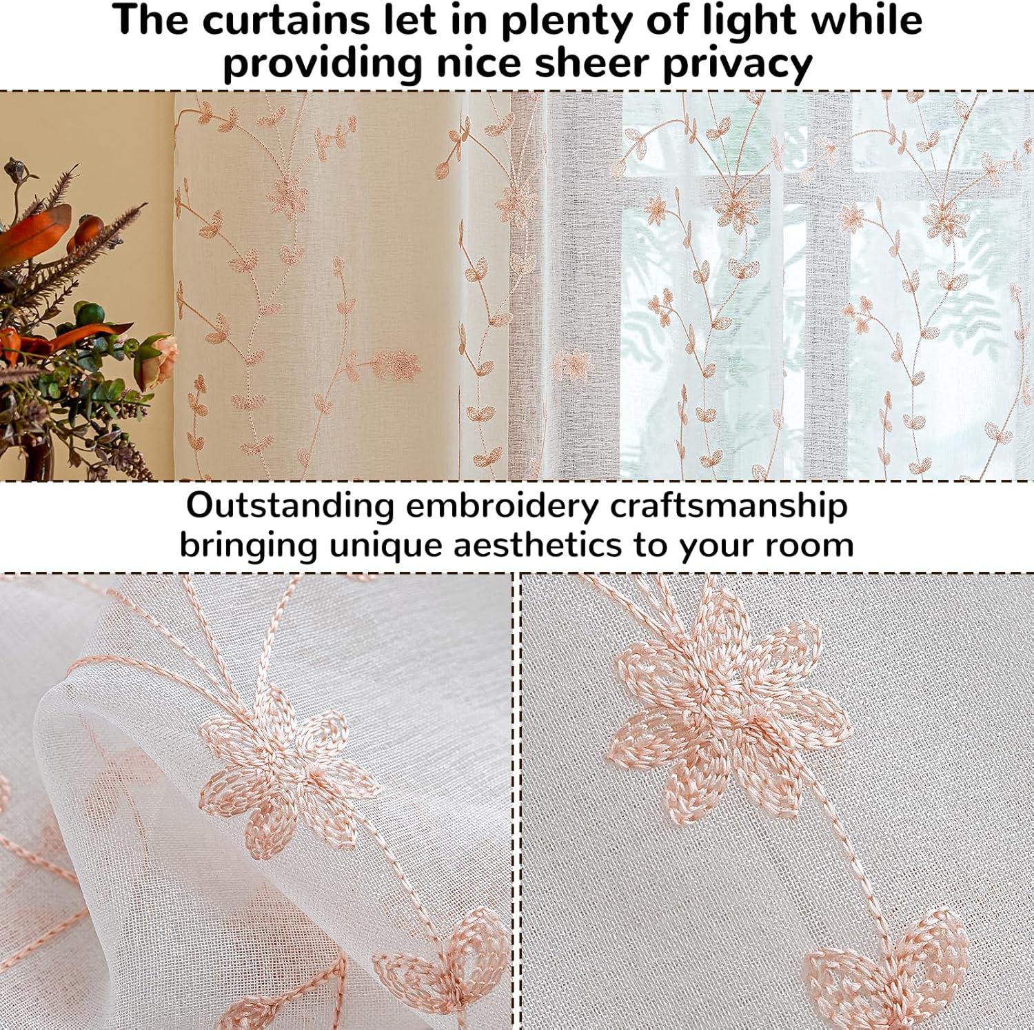 AmHoo 2 Panels Leaf Flora Embroidered Farmhouse Semi Sheer Curtain Voile Curtains for Living Room Bedroom Window Treatment White Pink 53 x 84 Inch