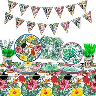 Hawaiian Luau Party Supplies - Tropical Birthday Banner, Toucan Paper Plates, Napkins, Cups, Tablecloth, Knives, Fork, Spoon and Straws for Aloha Summer Party Decorations, Serves 20 Guests (01)