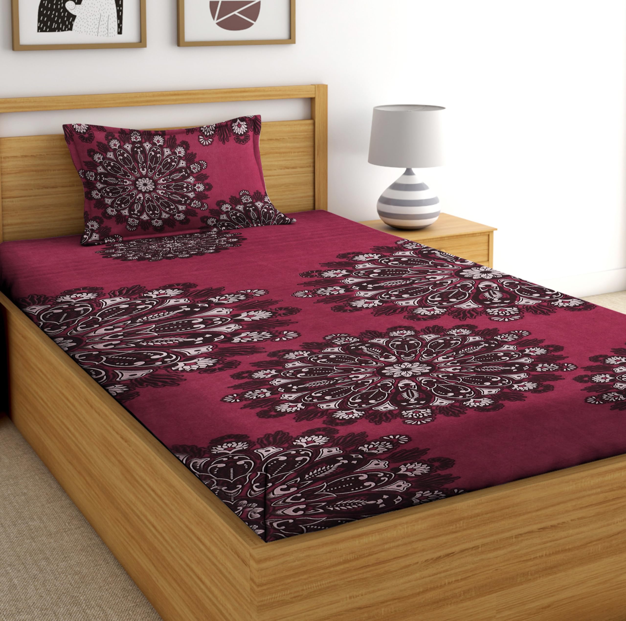 DECORUM Glace Cotton All Around Elastic Fitted Single Bedsheet (72"x48") with 1 Pillow Cover | Soft, Smooth & Wrinkle-Free Fabric | Fits Up to 6" Mattress | 200-220 TC