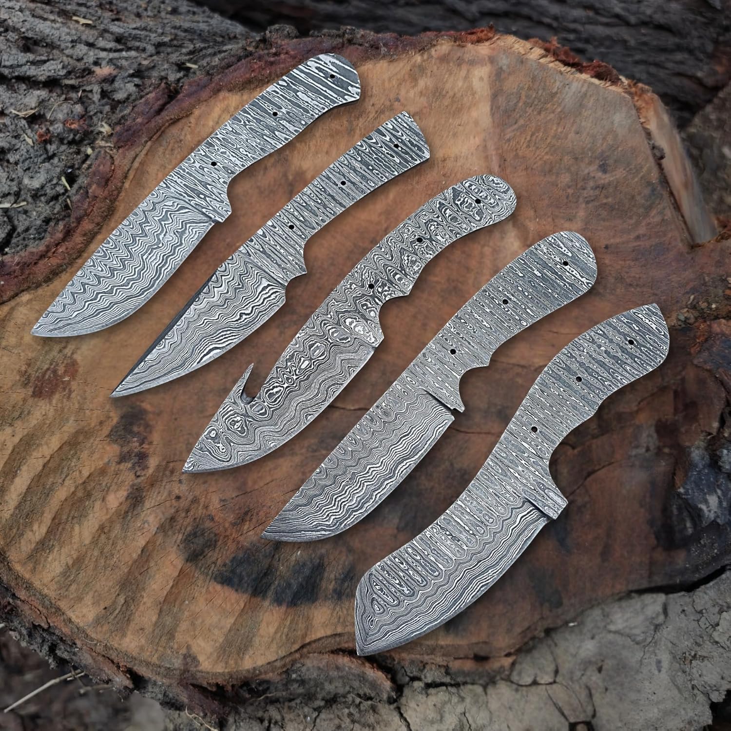 Damascus Steel Blank Blades Set - 5 Pcs Handmade Full Tang Fixed Blade EDC Gut Hook Skinning Hunting Knife Blanks Set