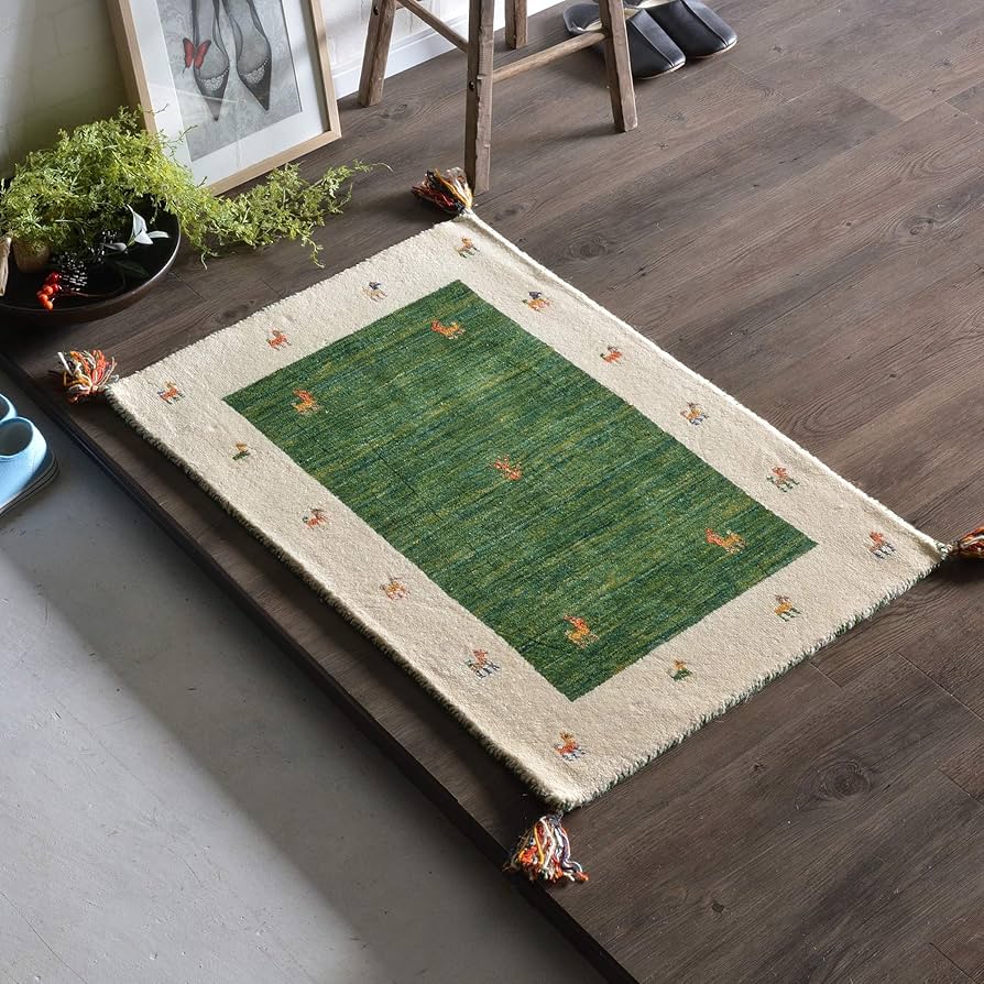ギャッベ　花柄 緑色ラグ　玄関マット 丸洗いOK！ゴブラン織りヨーロピアン調花柄玄関マット『ジェンヌ