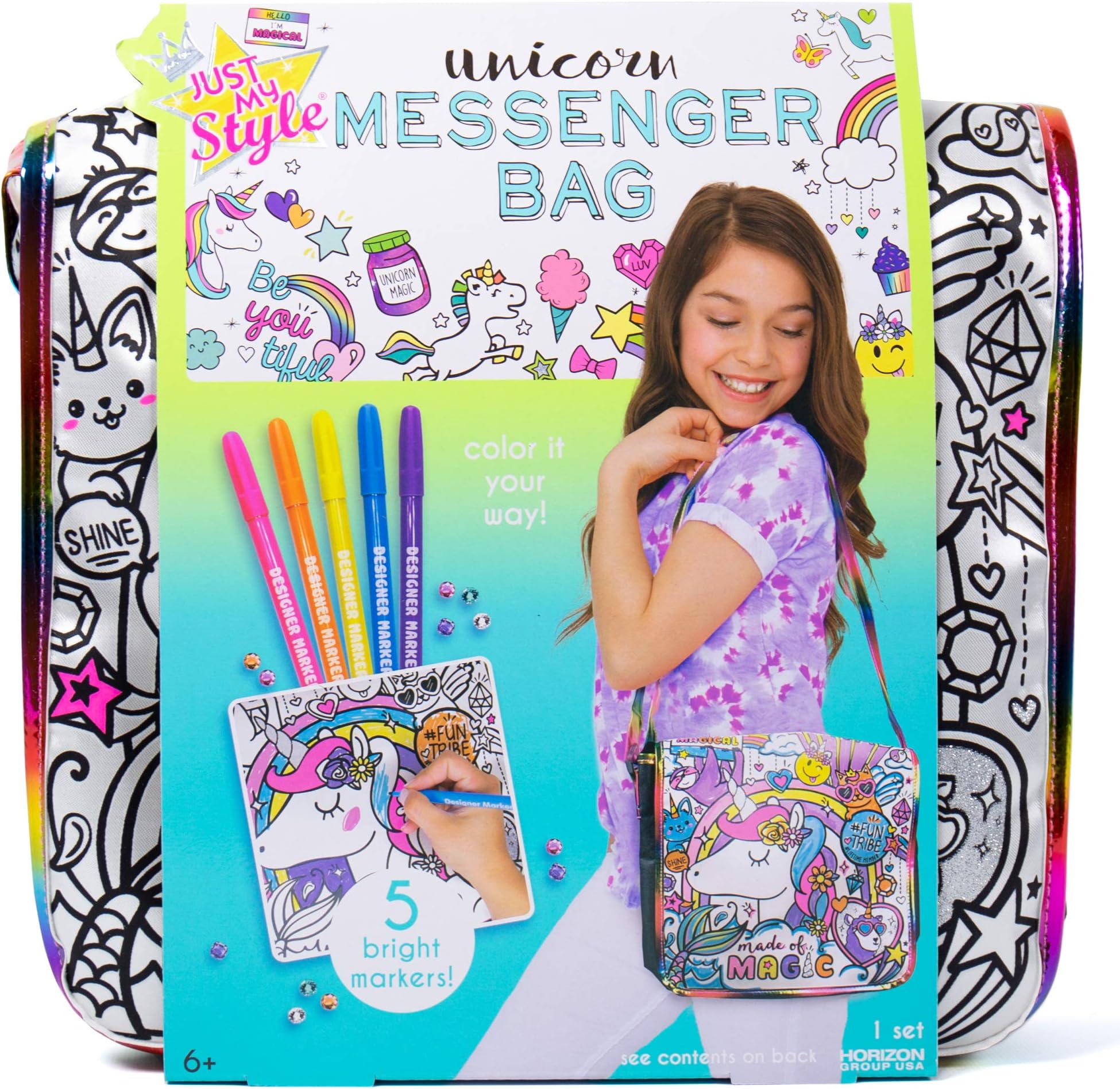 Just My Style Color Your Own Unicorn, Personalized Doodle Messenger Bag with Adjustable Strap, Great for School & Errands, Gift Ideas for Girls, Crafts Activity for Kids Ages 6, 7, 8, 9