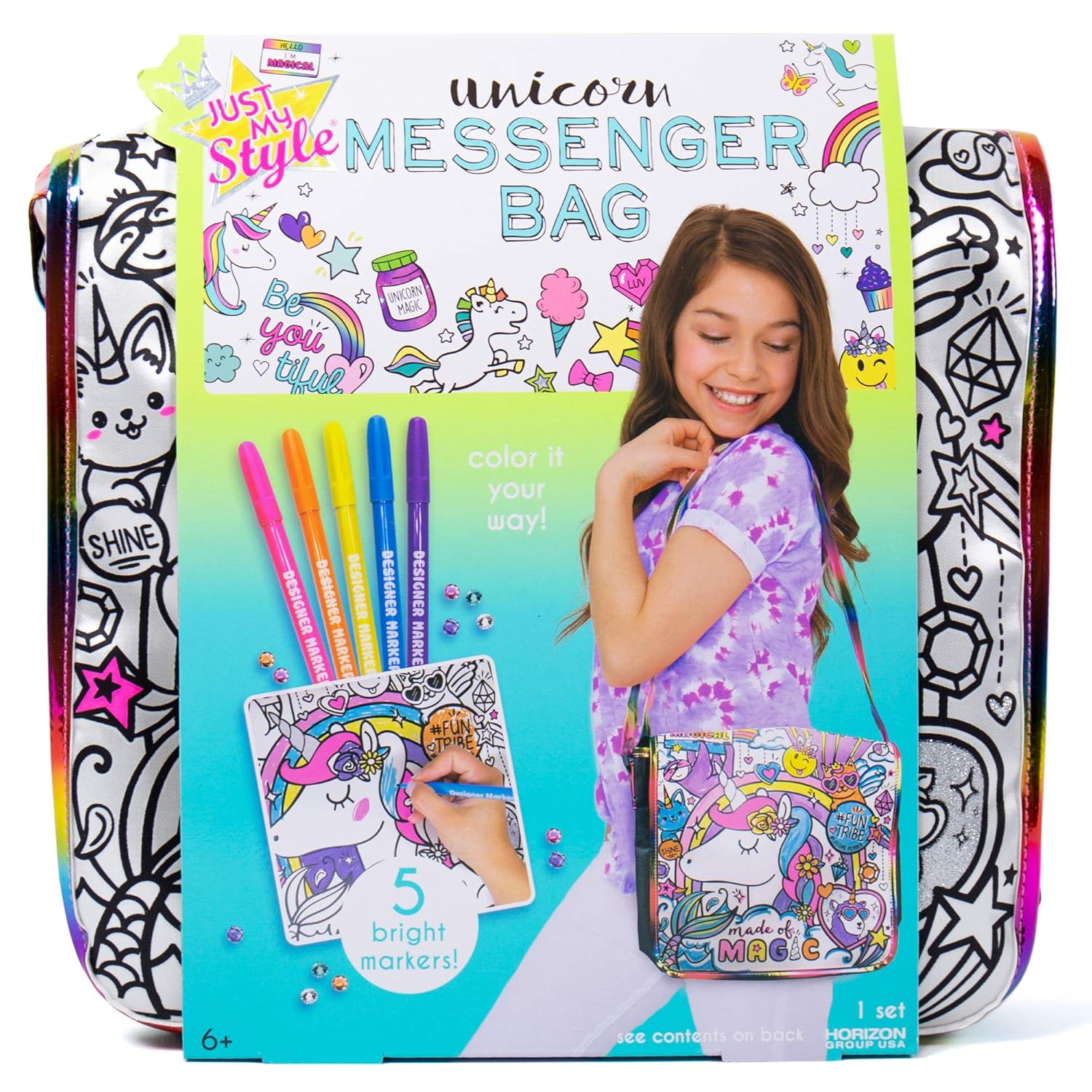 Just My Style Color Your Own Unicorn Personalized Doodle Messenger Bag with Adjustable Strap Great for School Errands
