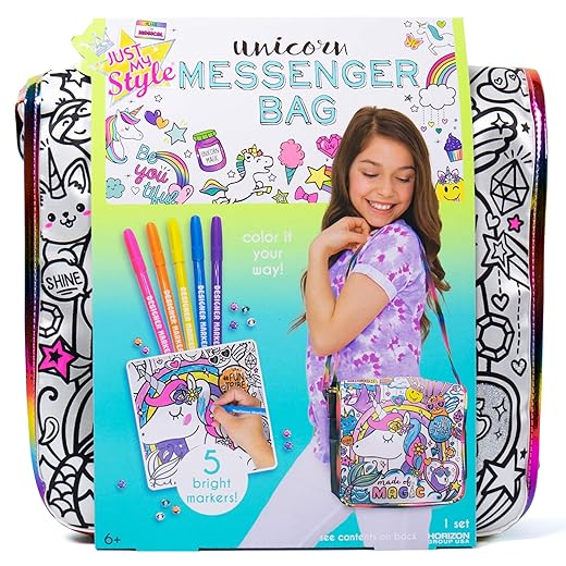 Just My Style Color Your Own Unicorn, Personalized Doodle Messenger Bag with Adjustable Strap, Great for School & Errands, Gift Ideas for Girls, Crafts Activity for Kids Ages 6, 7, 8, 9
