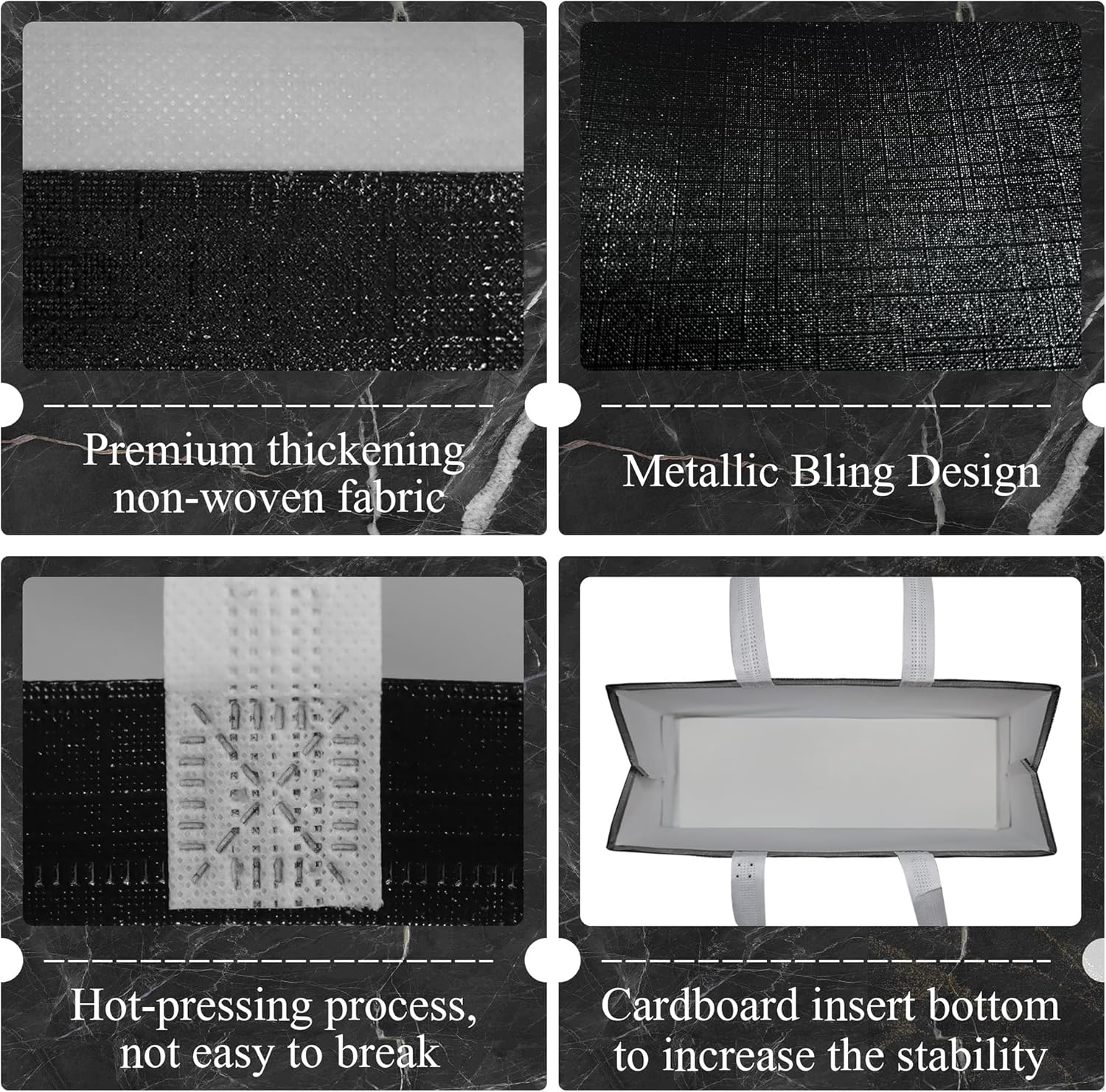 cabzymx 16 Pcs Glossy Black Reusable Gift Bags with Handles & Bases, Metallic Bling Design, Non-woven Holiday Gift Bags Bulk for Birthday, Wedding, Parties, Graduation- 12.6x4.7x11 In - Image 3