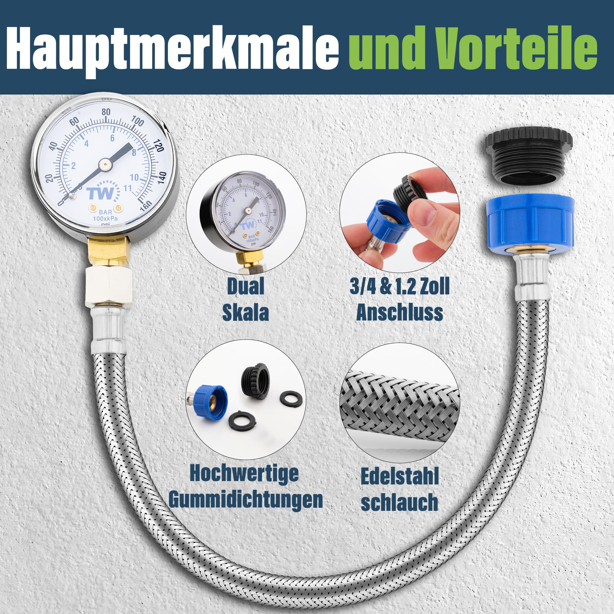 Netzwasser-Manometer - 0-11 Bar / 0-160 PSI - Netzwasserversorgungsdruckmessgerät mit Schlauchhahnanschluss - Sanitärwerkzeug für Haus, Garten & Bewässerungssystem Überwachung