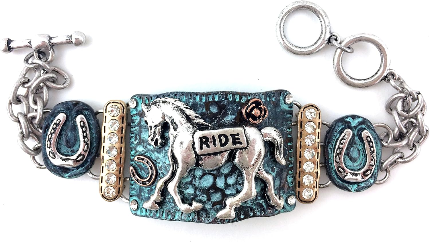 Western Peak Western Vintage Hammered Plate Horseshoe Spirit Horseshoe Ride Chain Rhinestone Bracelet