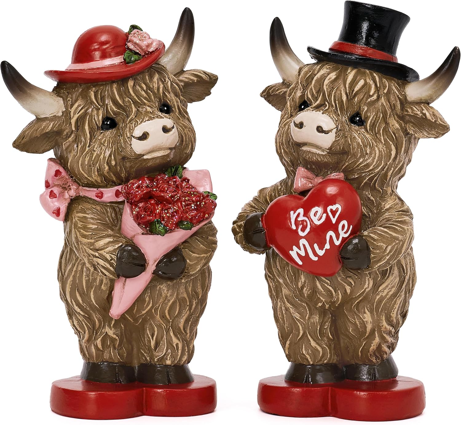 Valery Madelyn 2Pcs Valentines Highland Cow Decor, Cute Romantic Brown Calf Resin Handmade Figurines for Tiered Tray Table Home Decor, Valentines Gifts for Him Her Wedding Anniversary, 5 Inch