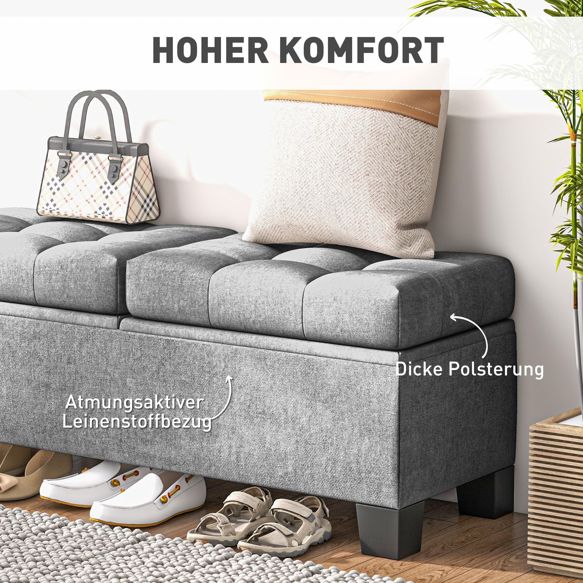 HOMCOM Sitzbank mit Stauraum Polsterbank bis 180kg 116x41x47 cm Grau | Gepolsterte Aufbewahrungsbox, Für Flur, Schlafzimmer, Wohnzimmer