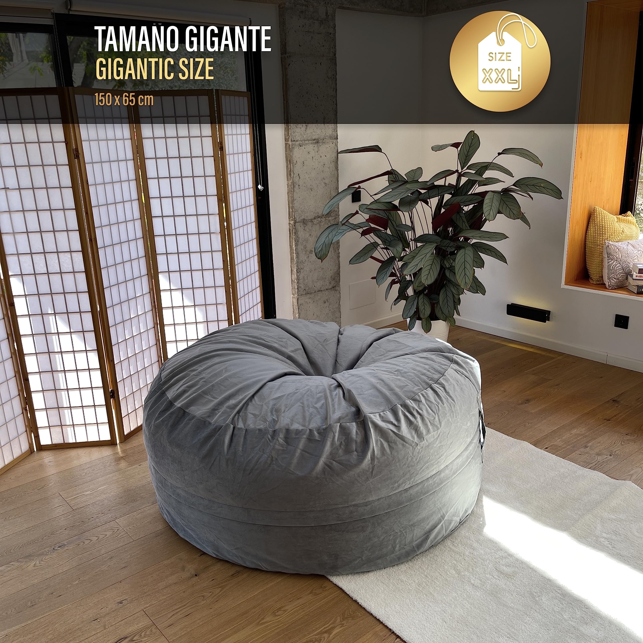 Aiire Puff Gigante de Terciopelo 150x65 cm - Modelos de Puf Salon XXL con Relleno Incluido para Gamer o Decoracion Habitacion Adolescente - Bean Bag Chair o Puffs de Suelo Grandes Gris